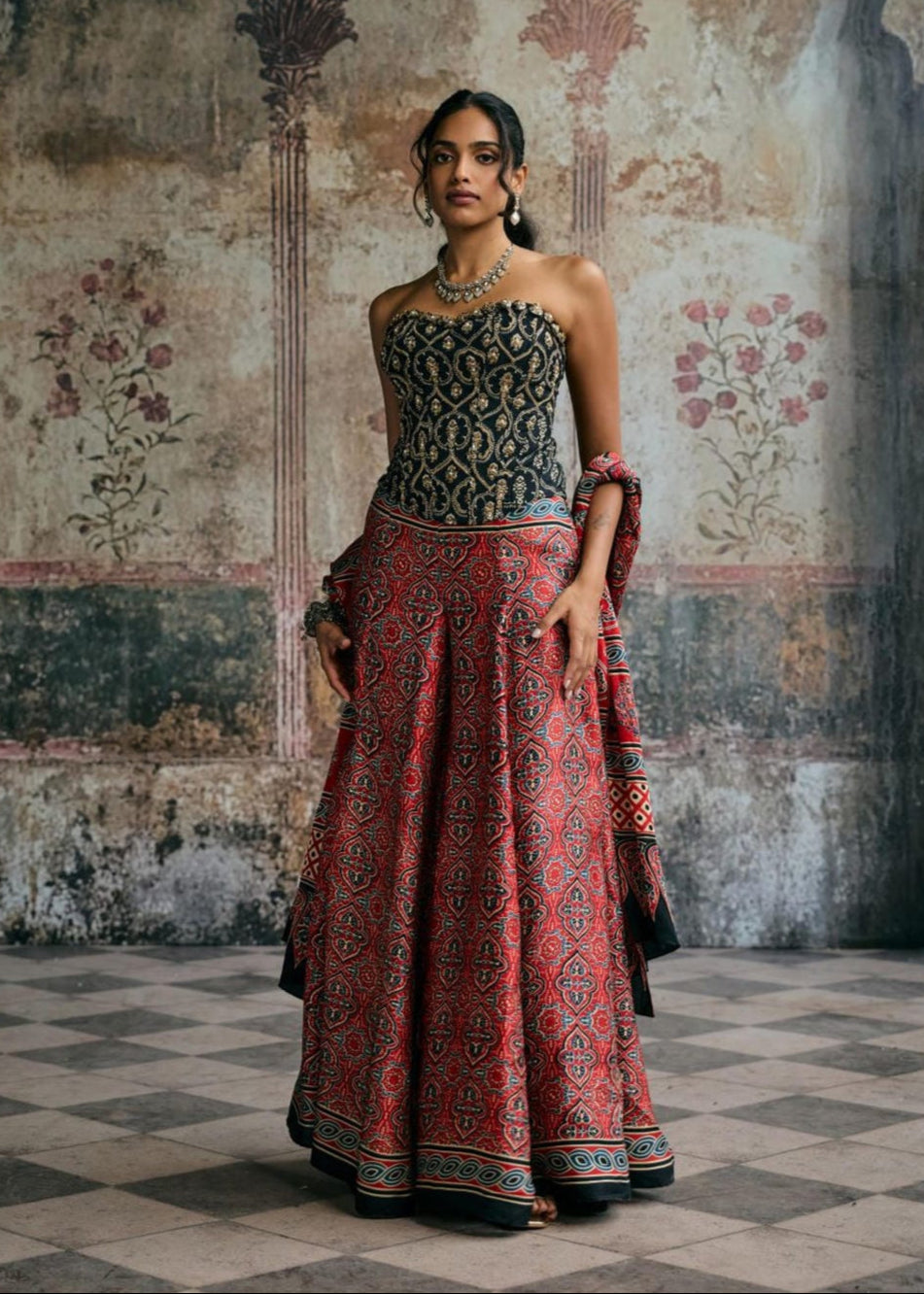 Rhea Ajrakh Hand Embroidered Corset Gharara Set