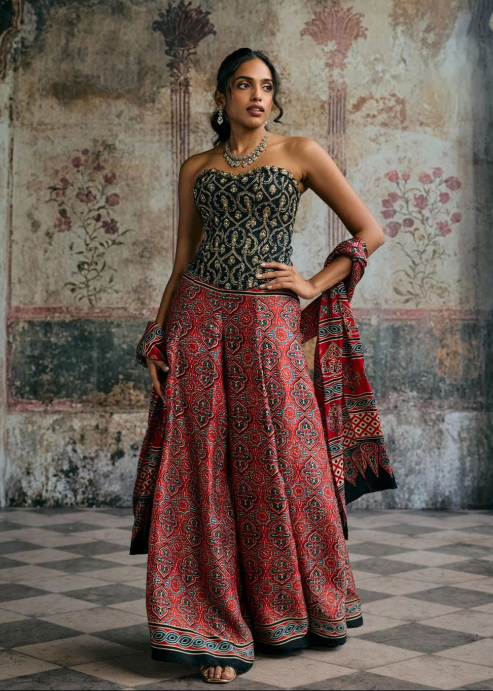 Rhea Ajrakh Hand Embroidered Corset Gharara Set