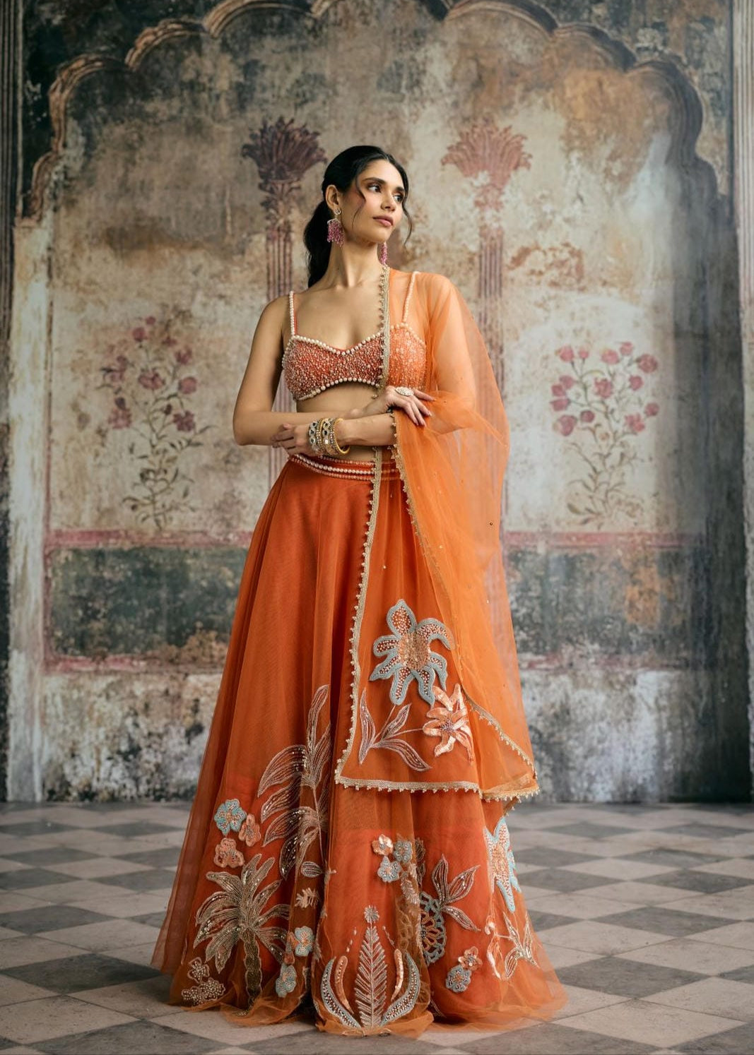 Sahana Orange Hand Embroidered Lehenga Set