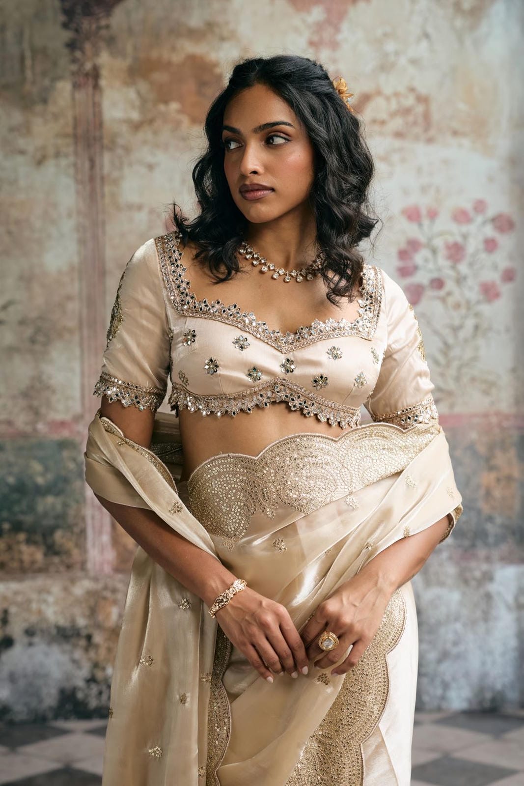 Aarzoo Champagne Silk Tissue Hand Embroidered Blouse