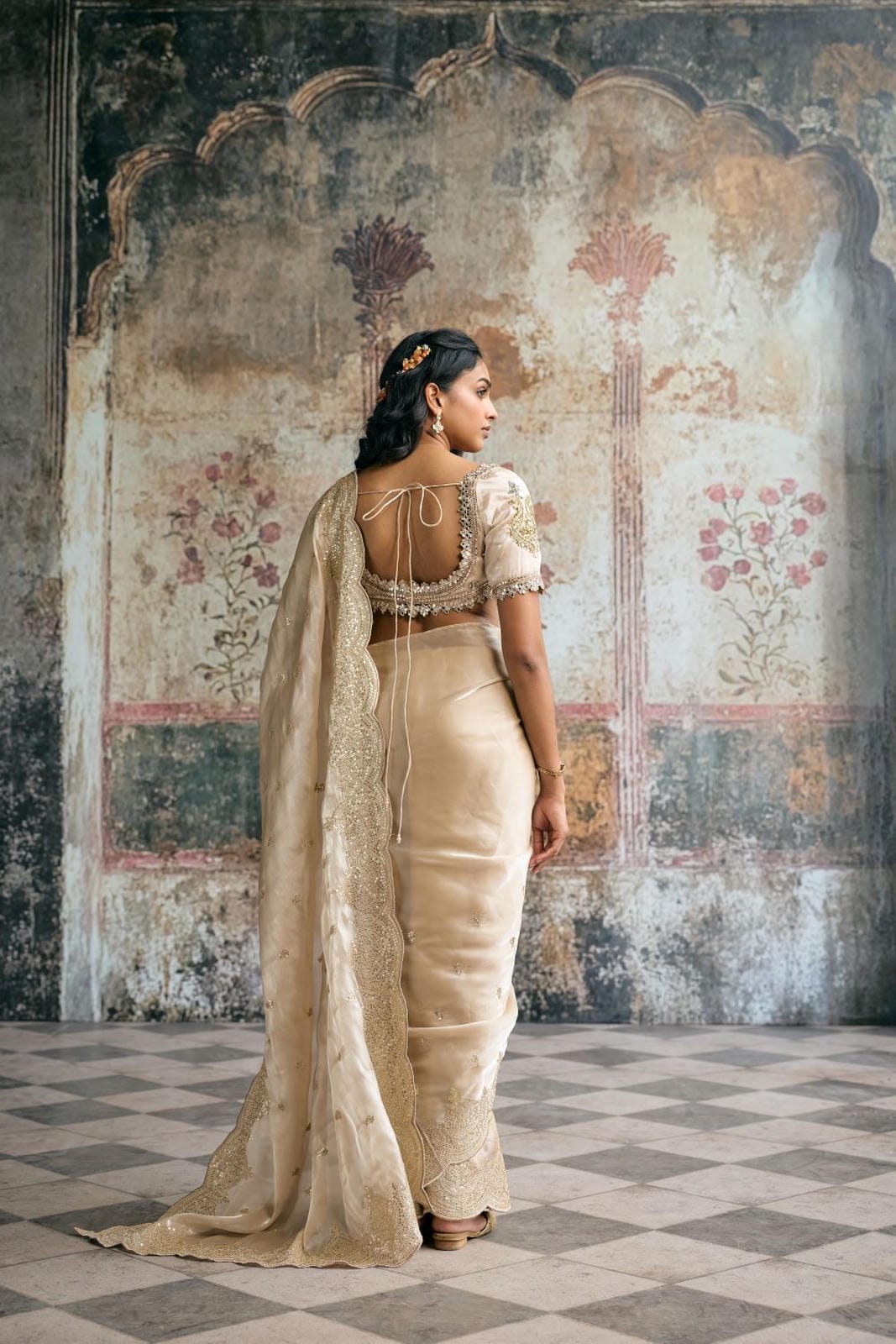 Aarzoo Champagne Silk Tissue Hand Embroidered Blouse