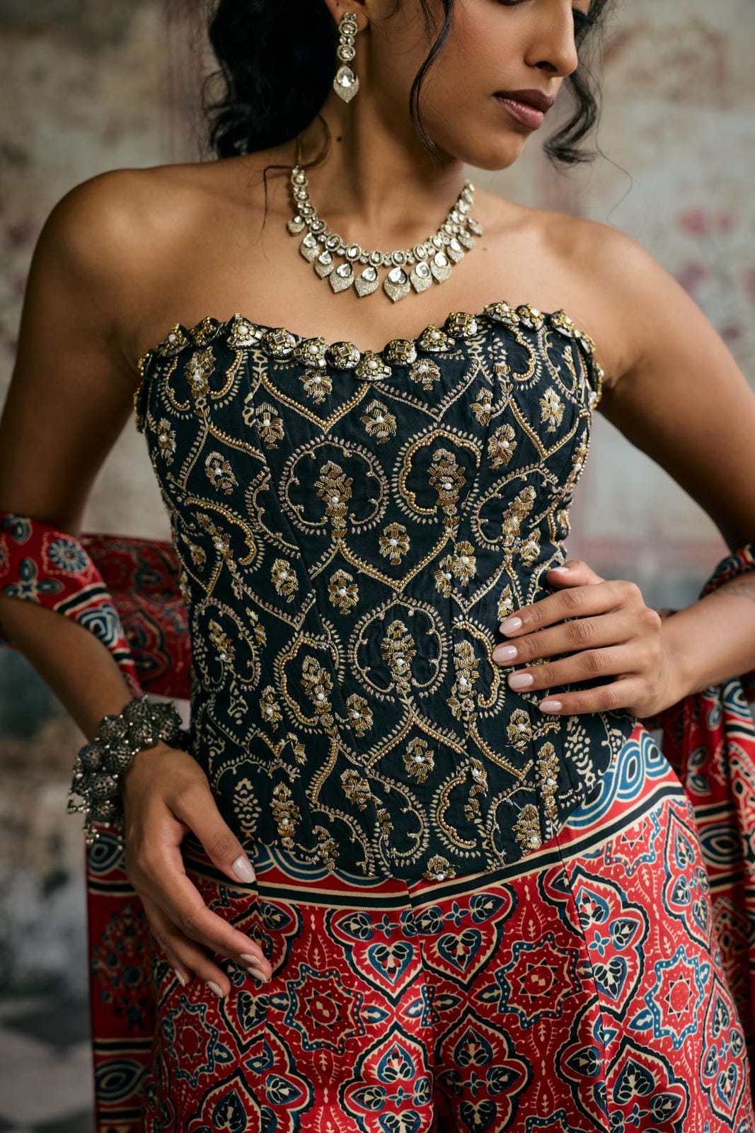 Rhea Black Ajrakh Hand Embroidered Corset