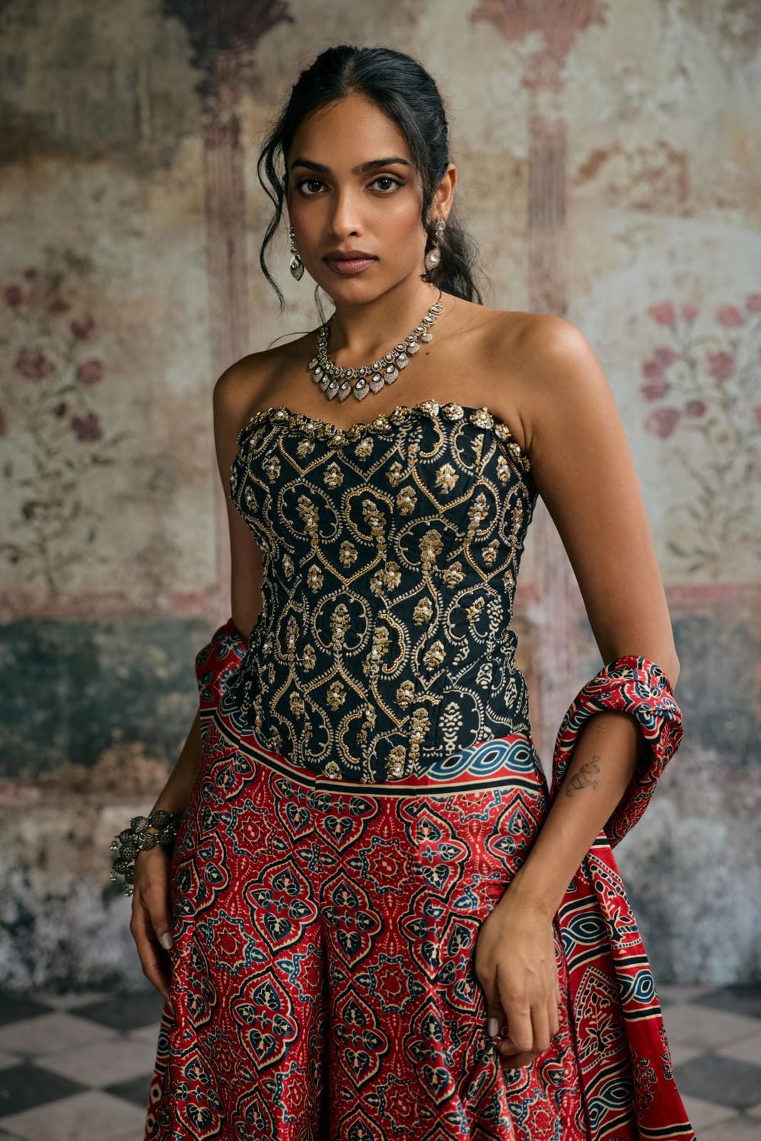 Rhea Black Ajrakh Hand Embroidered Corset