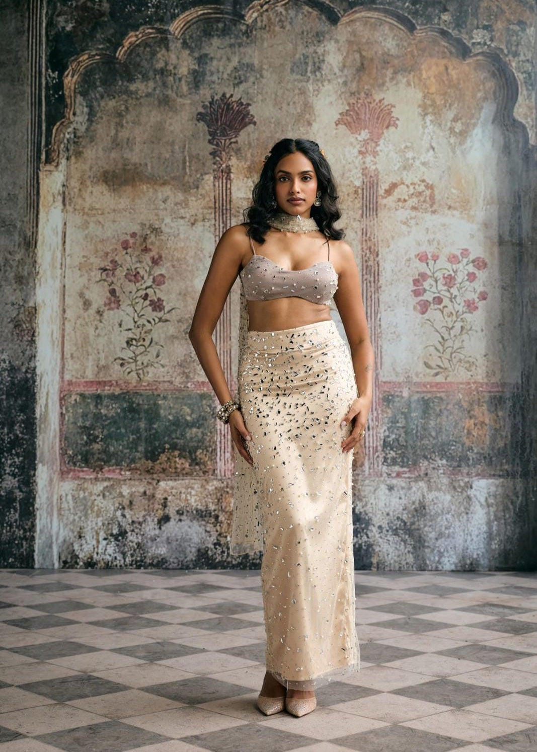 Alfiya Taupe Rhinestone-Embellished Skirt and Blouse Set