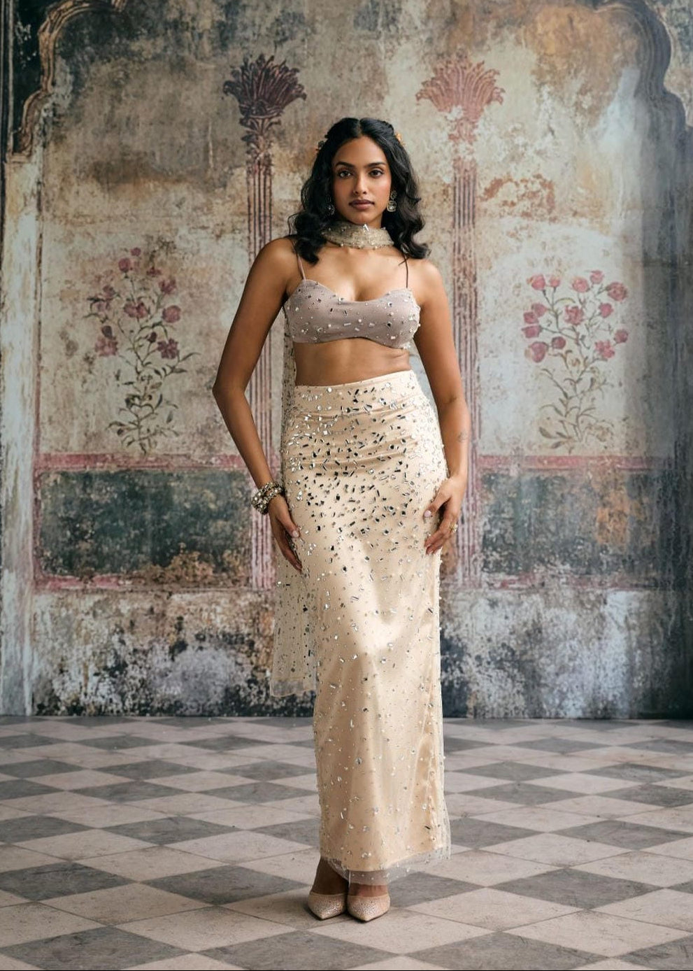 Alfiya Taupe Rhinestone-Embellished Skirt and Blouse Set