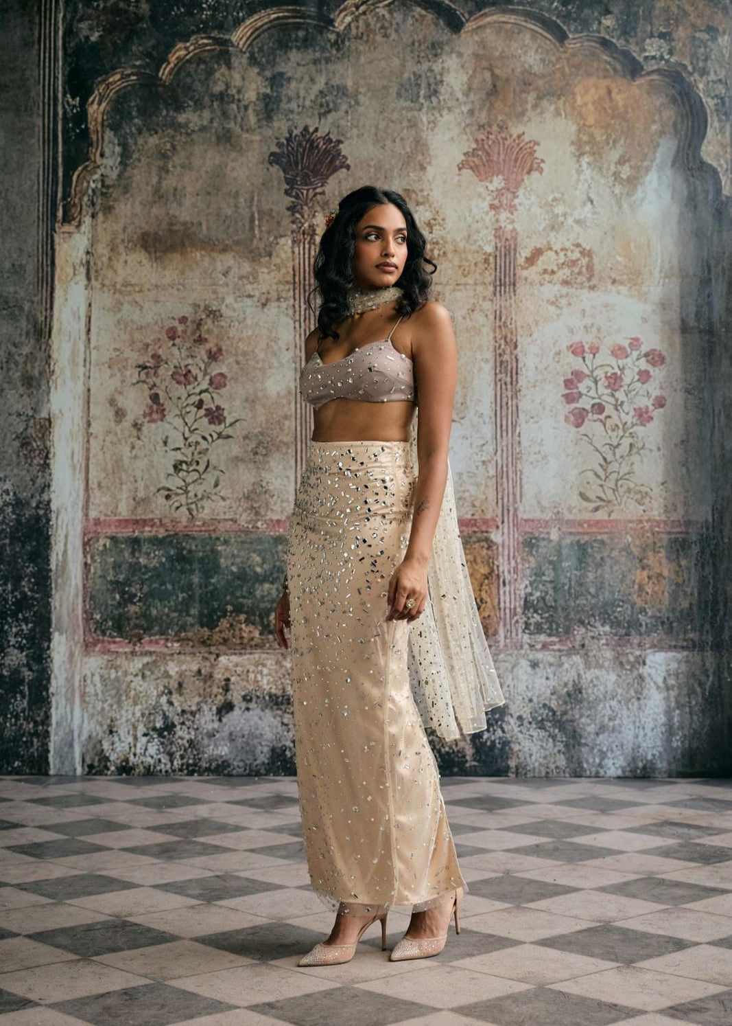 Alfiya Taupe Rhinestone-Embellished Skirt and Blouse Set