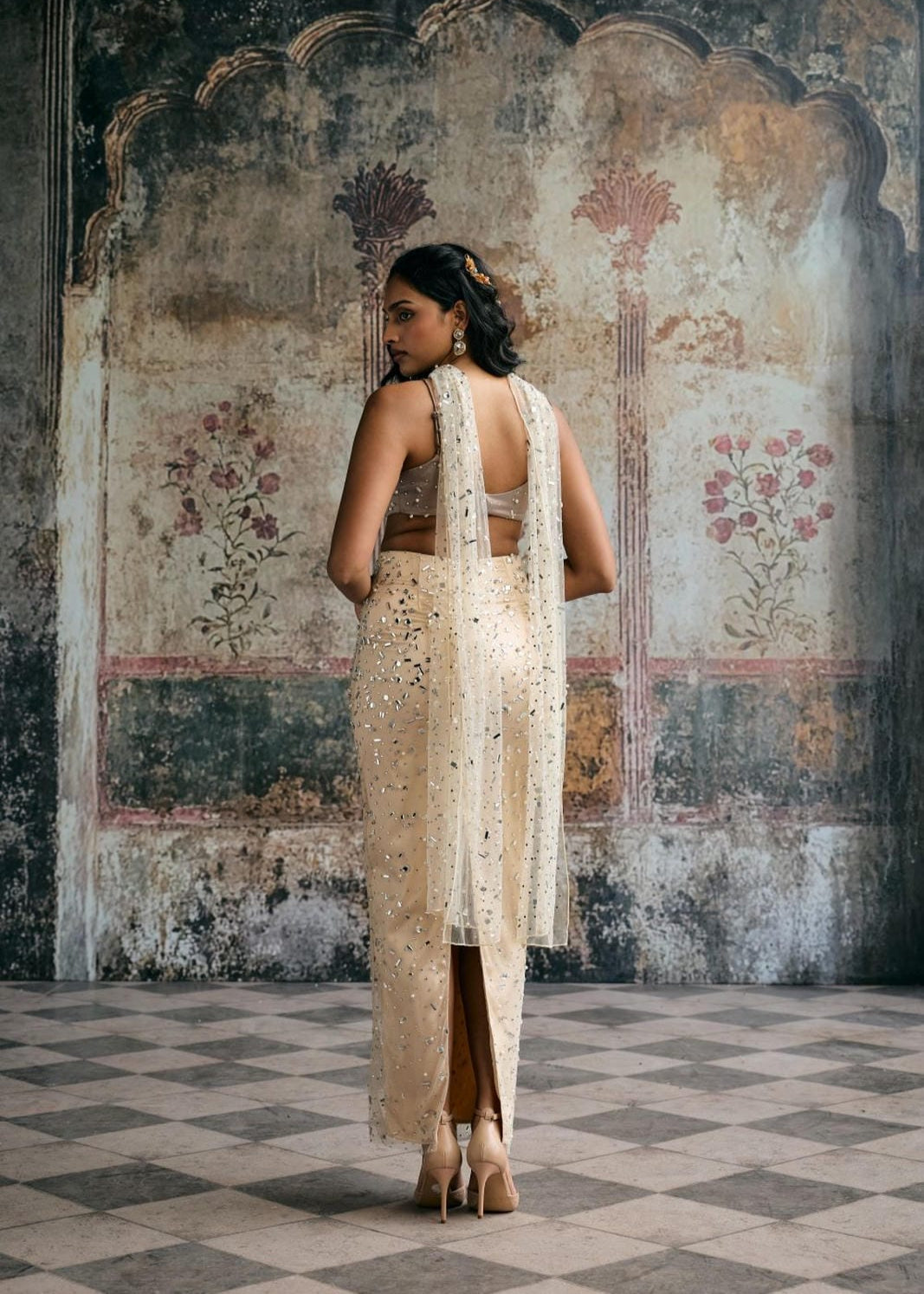 Alfiya Taupe Rhinestone-Embellished Skirt and Blouse Set