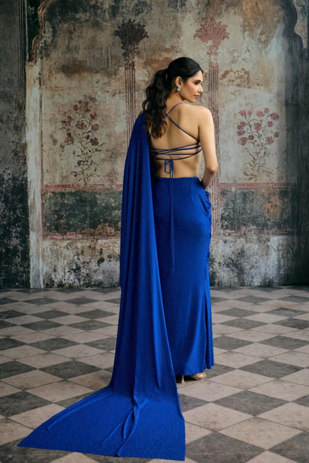 Neel Electric Blue Rhinestone Saree Set