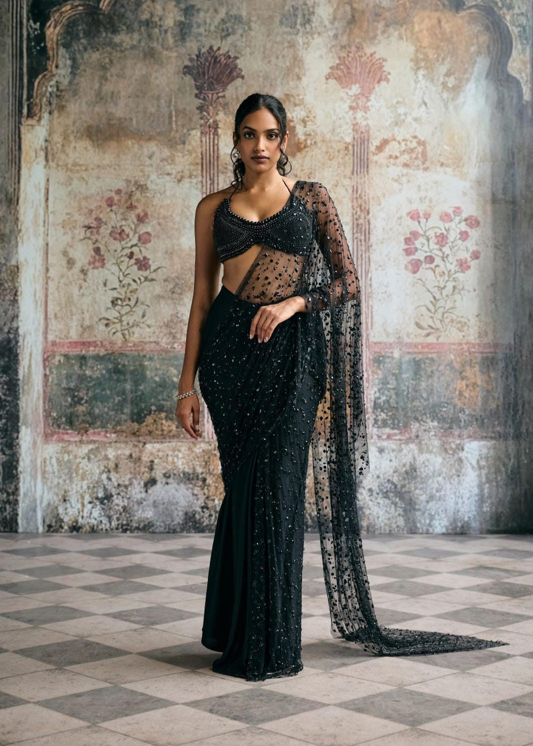 Aliara Black Satin Pearl Embellished Blouse