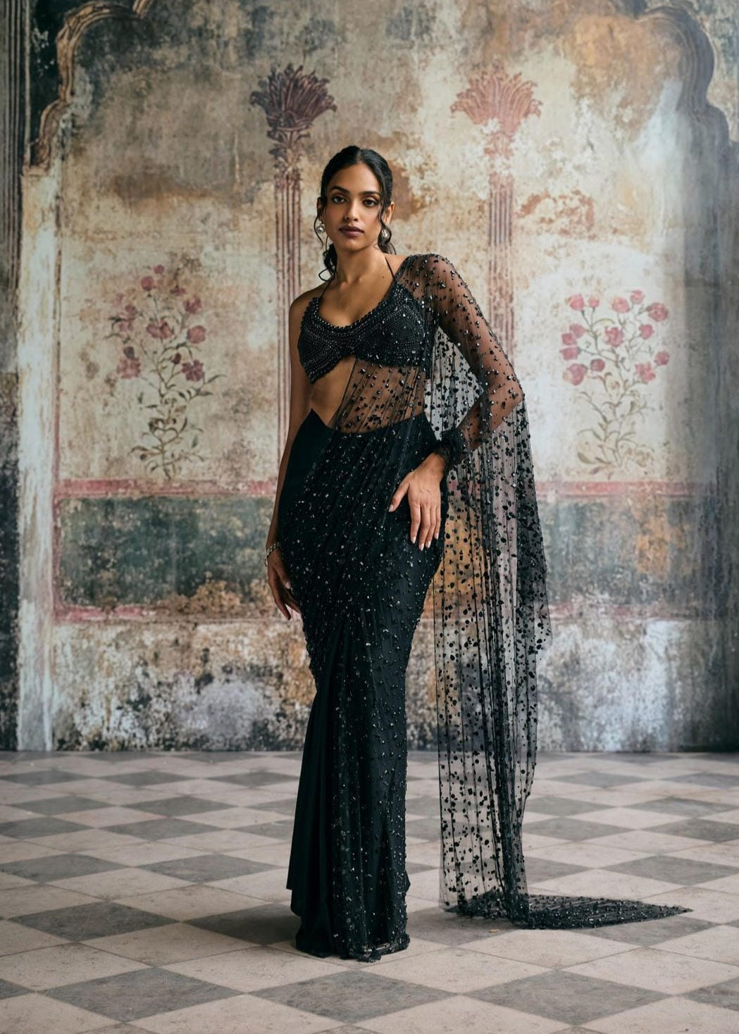 Aliara Black Modal Satin Rhinestone Embellished Saree Set