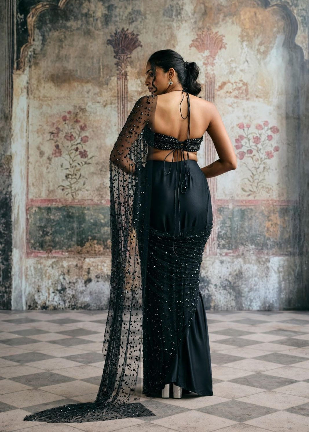 Aliara Black Modal Satin Rhinestone Embellished Saree Set