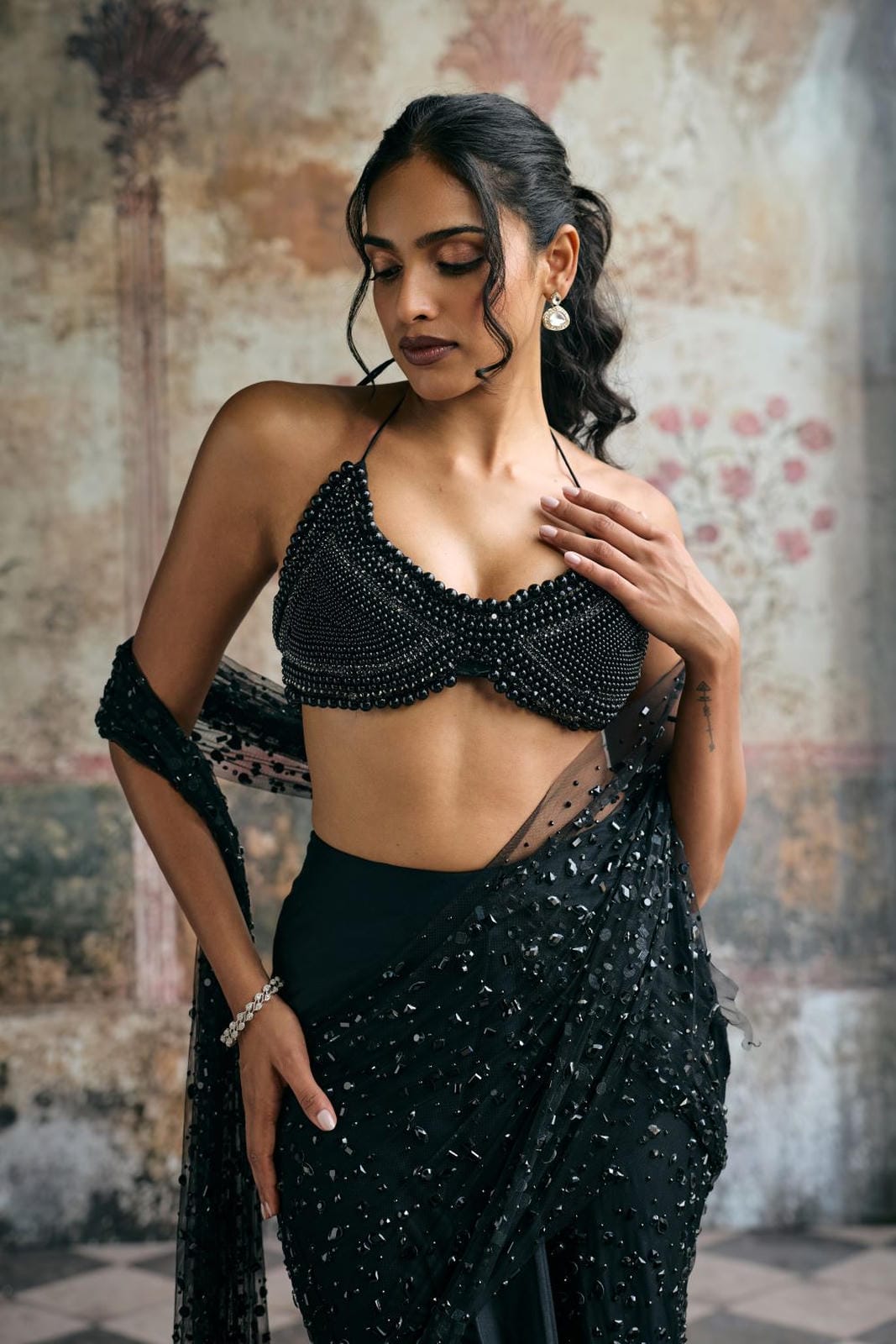 Aliara Black Satin Pearl Embellished Blouse