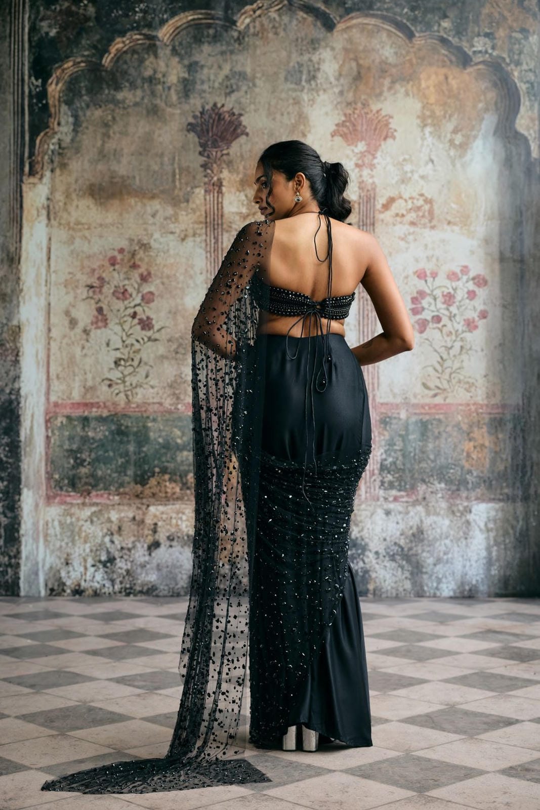 Aliara Black Satin Pearl Embellished Blouse