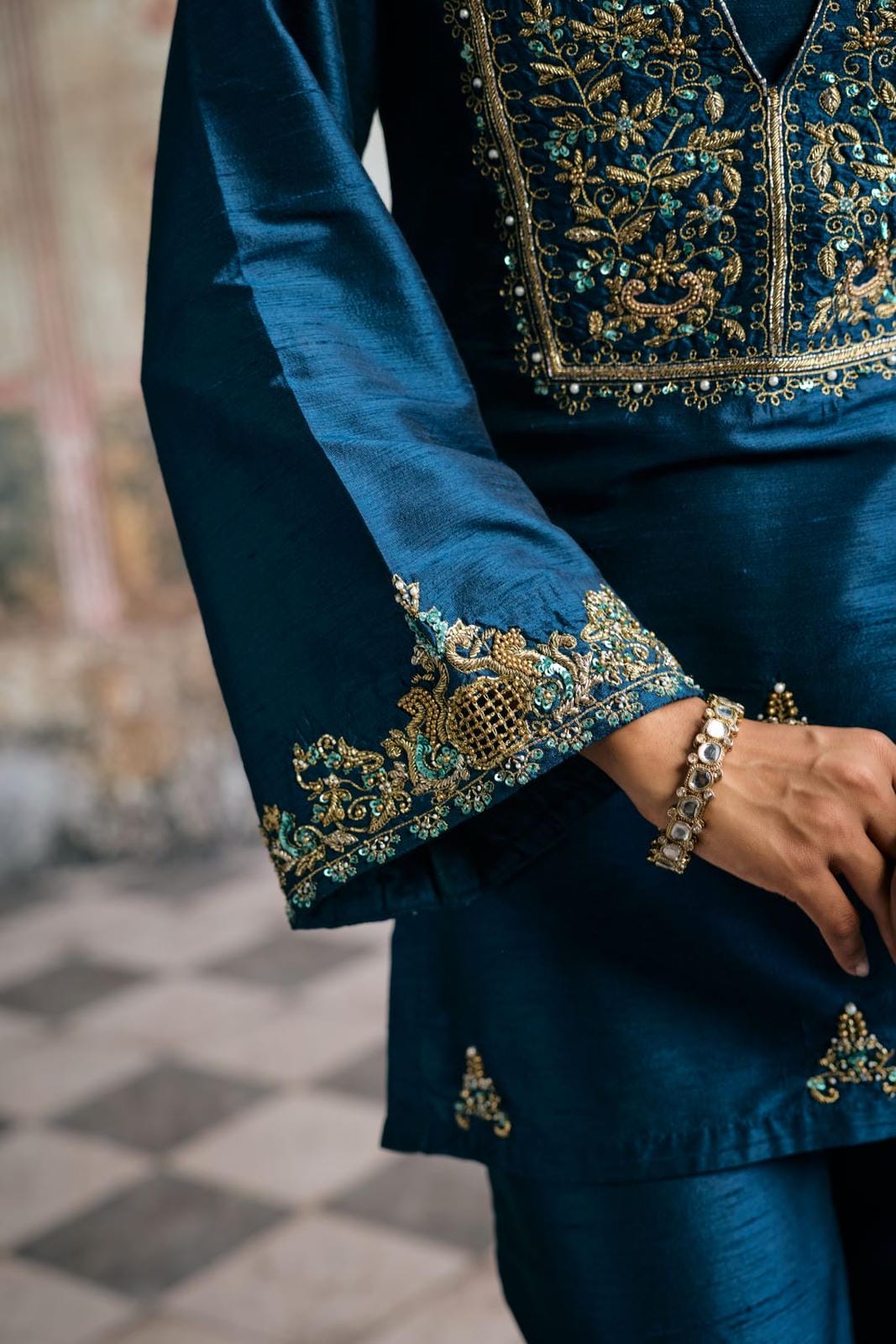 Ambar Blue Hand-Embroidered Silk Kurta Set