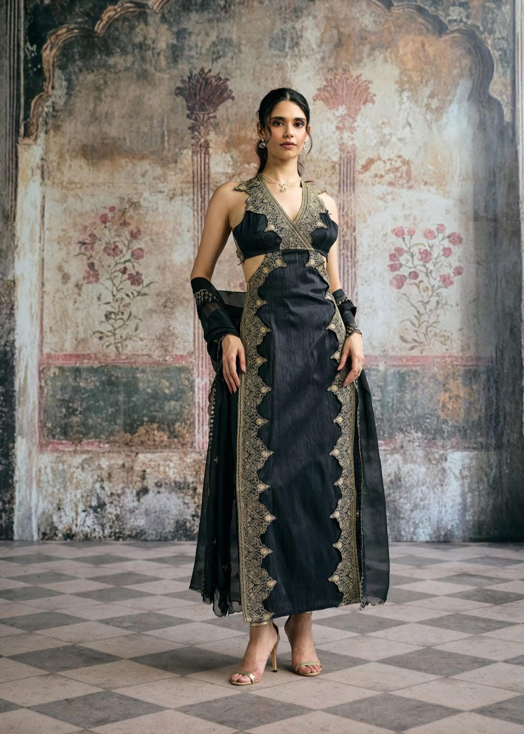 Kaia Black & Gold Silk Embroidered Kurta Set