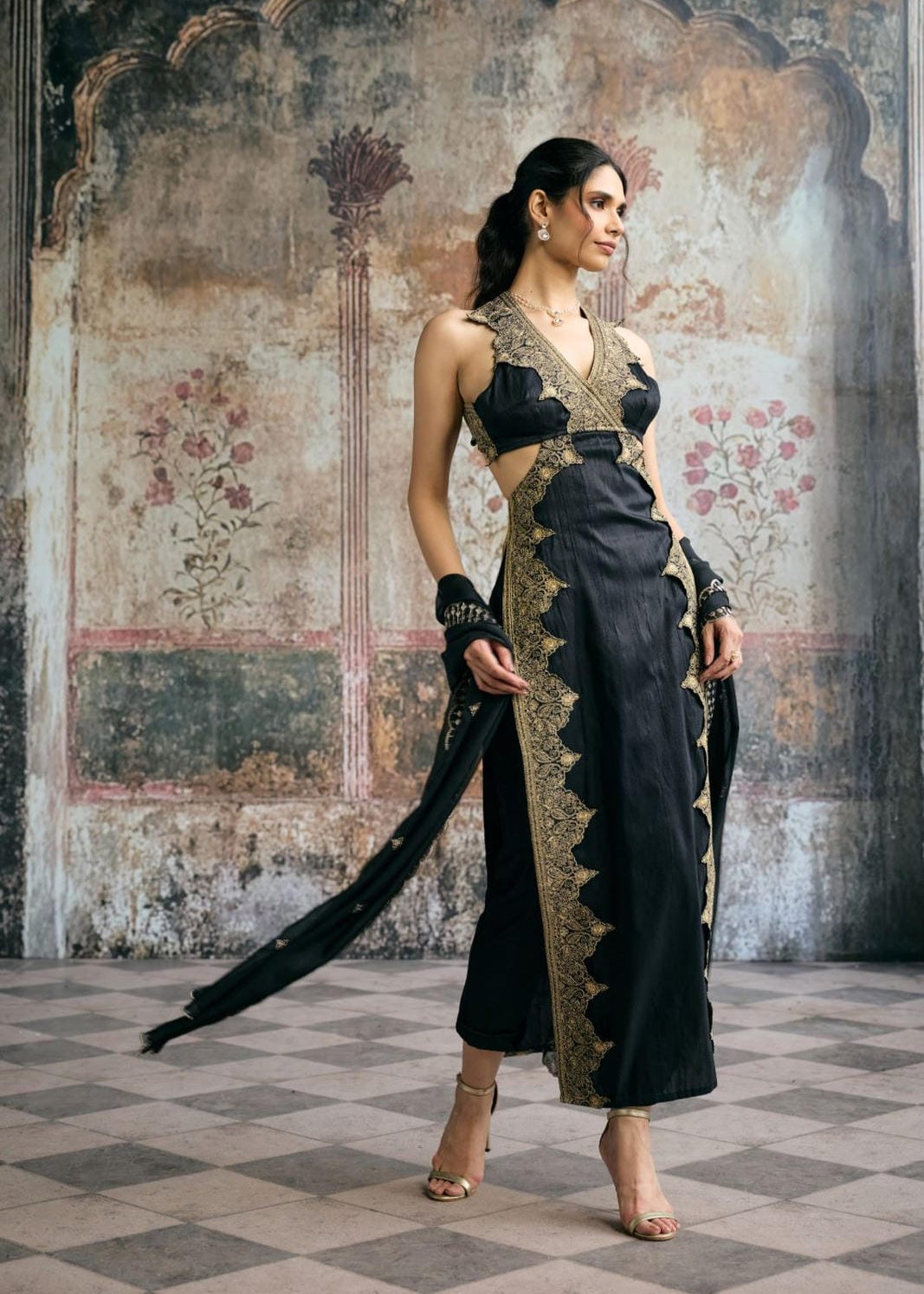 Kaia Black & Gold Silk Embroidered Kurta Set