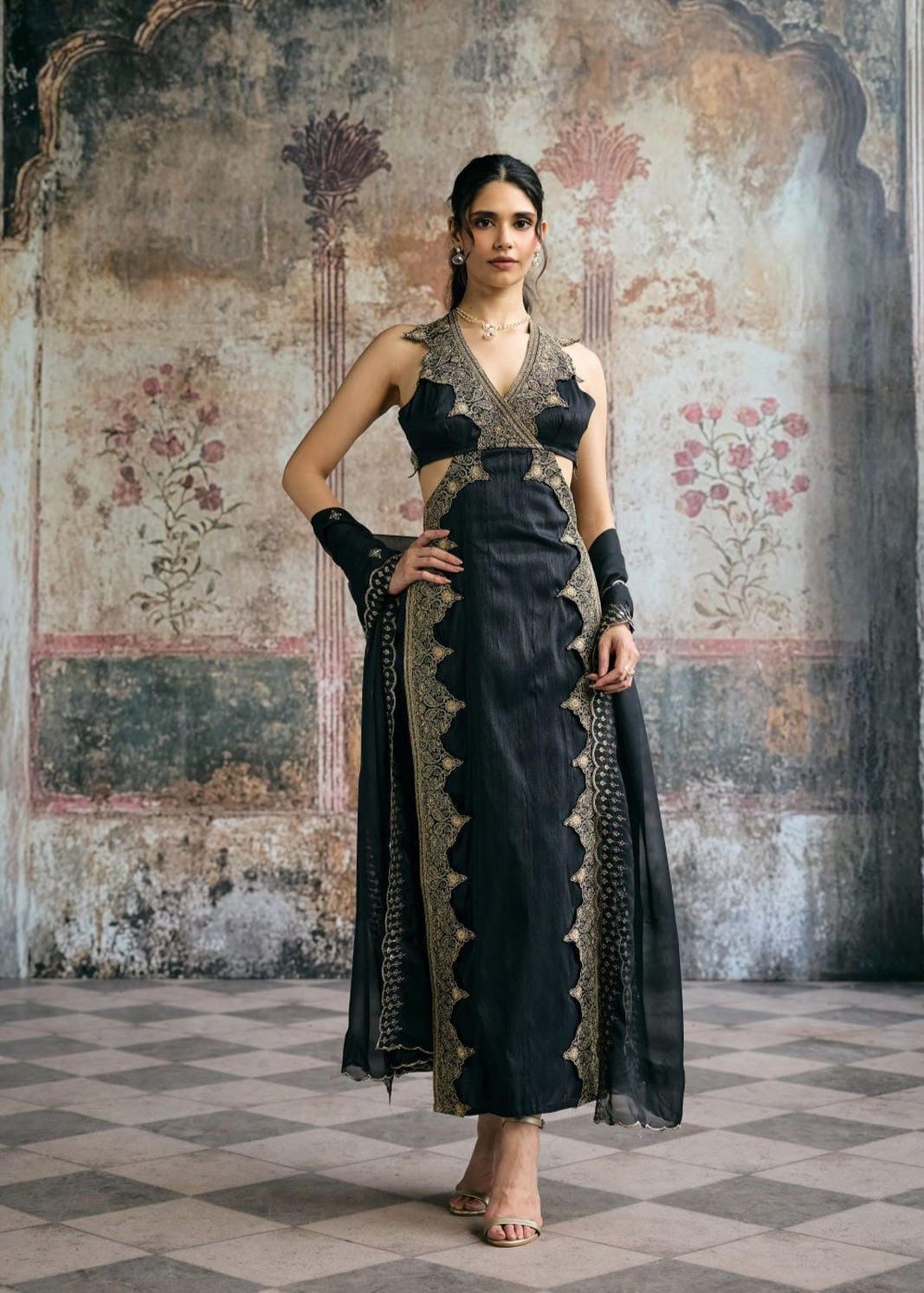 Kaia Black & Gold Silk Embroidered Kurta Set