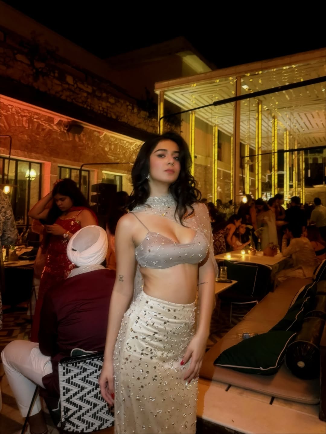 Alfiya Taupe Rhinestone-Embellished Skirt and Blouse Set