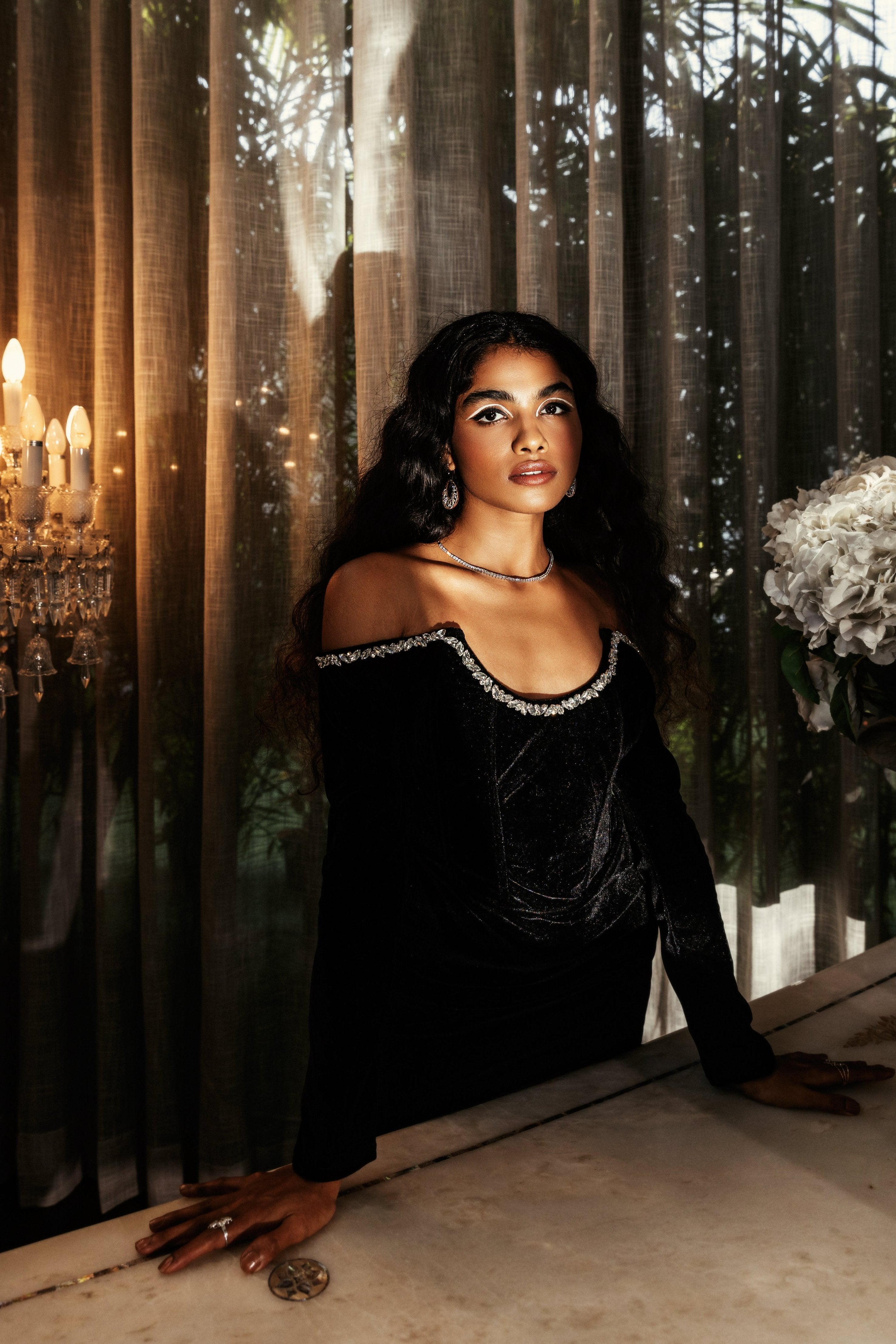 Adele Black Velvet Corset Rhinestone Dress