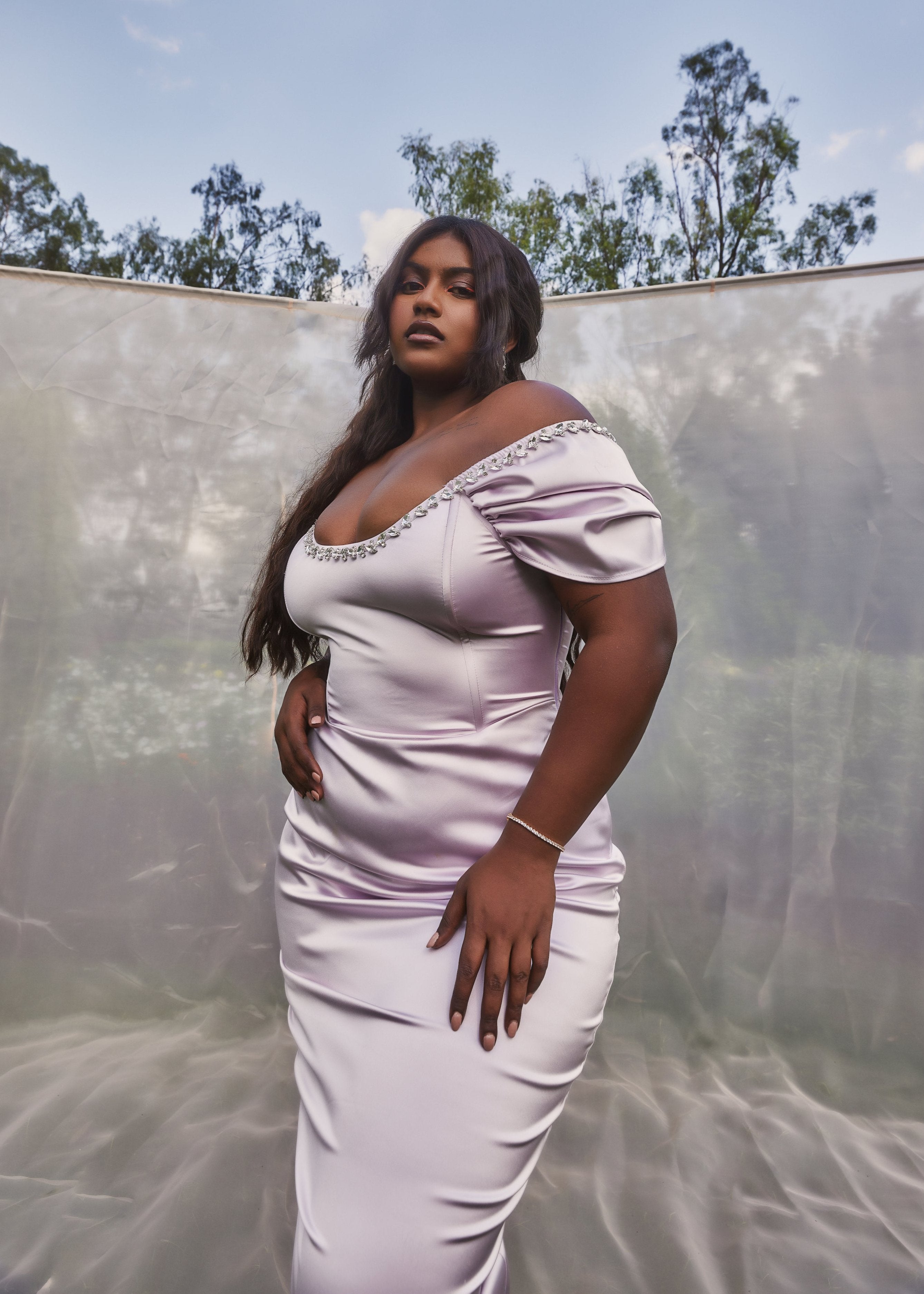 Adele Lavender Satin Corset Rhinestone Dress with a lavender satin corset adorned with rhinestones for a glamorous look