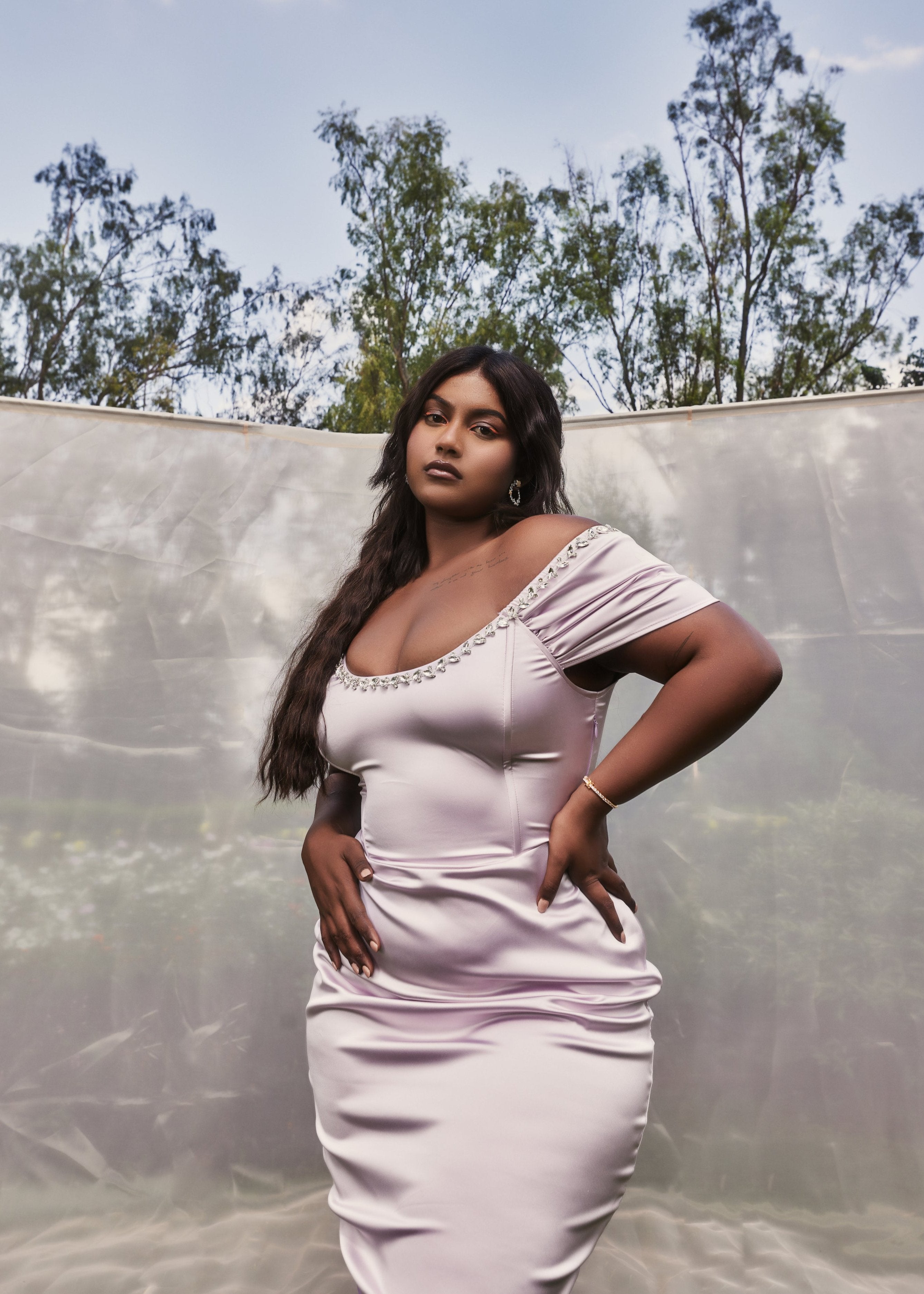 Adele Lavender Satin Corset Rhinestone Dress with a lavender satin corset adorned with rhinestones for a glamorous look