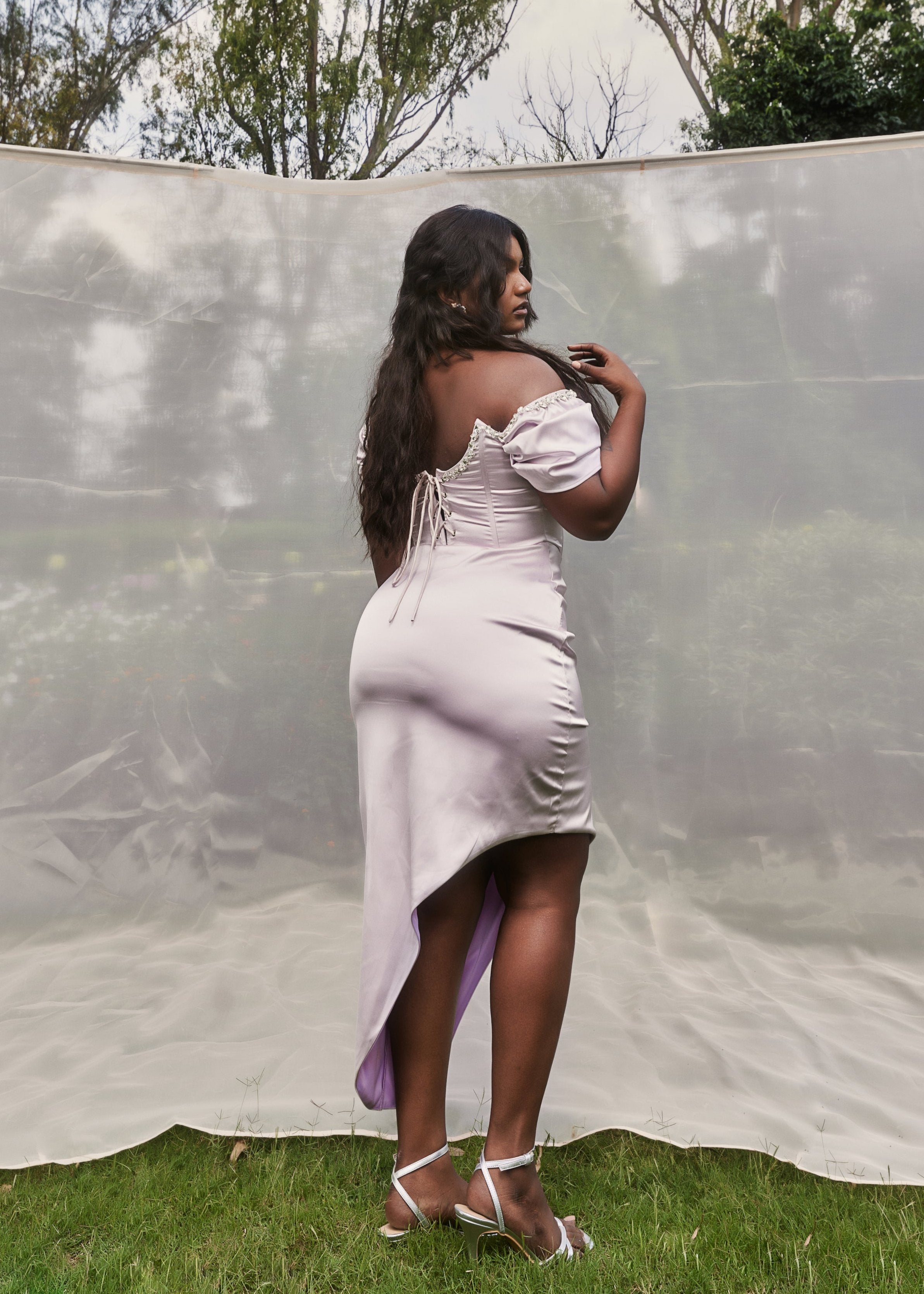 Adele Lavender Satin Corset Rhinestone Dress with a lavender satin corset adorned with rhinestones for a glamorous look