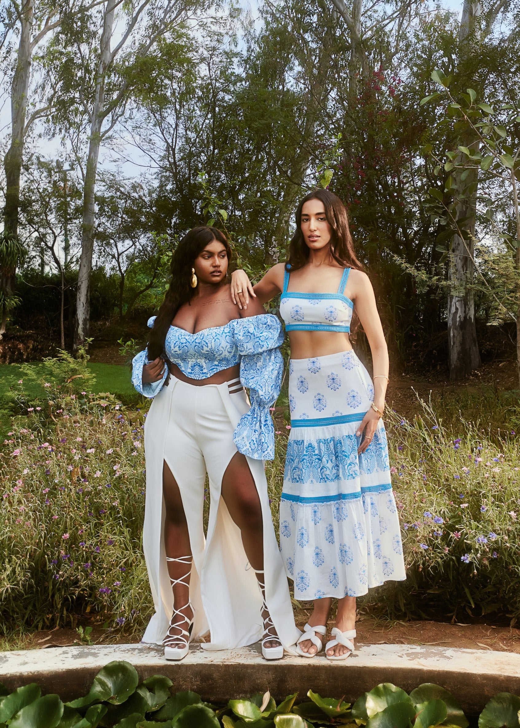 Alessa White and Blue Print + Lace Coord Set with a delicate lace trim and a stylish white and blue print