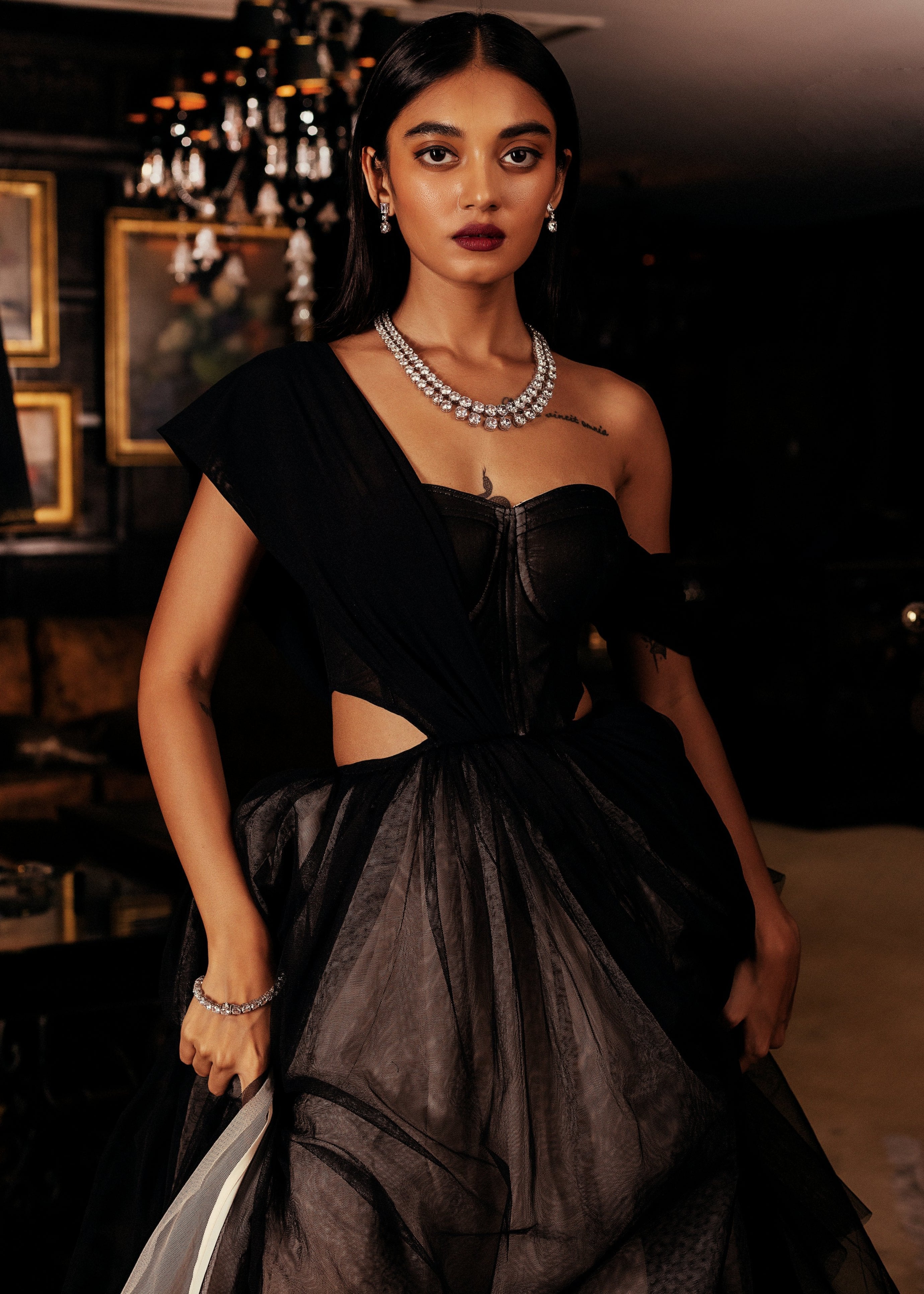 Anastasia Black and Nude Tulle Corset Gown