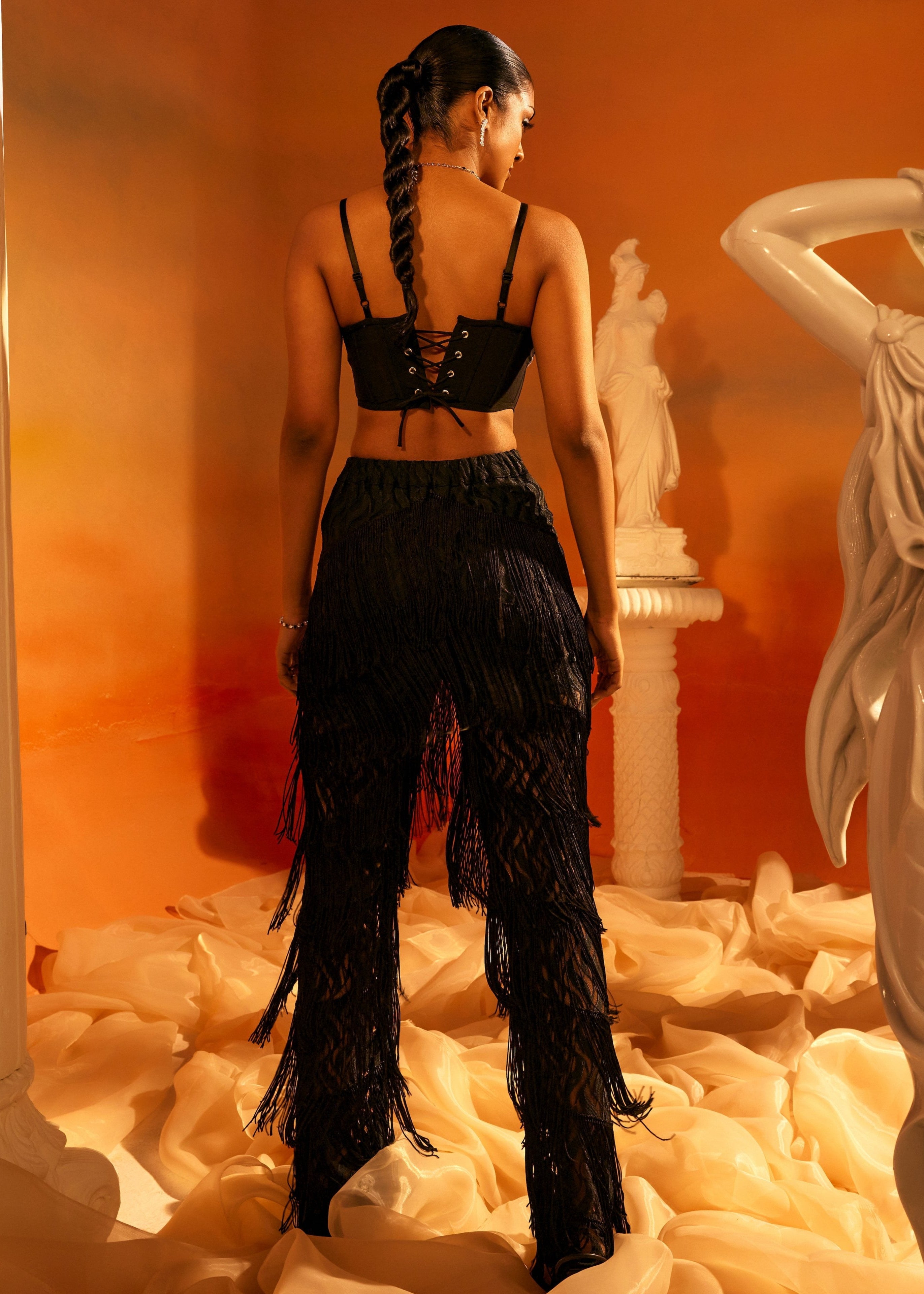 Buy Black Fringe Satin Corset Set