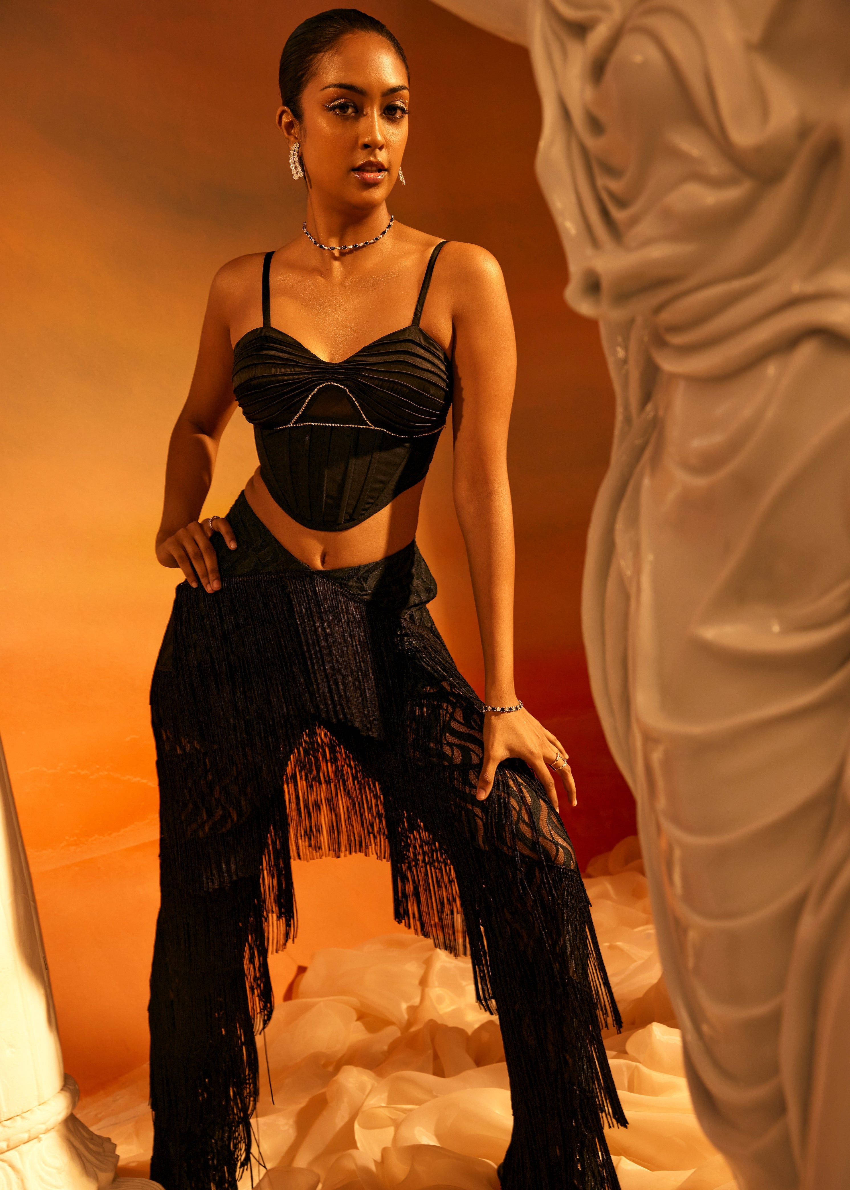 Buy Black Fringe Satin Corset Set