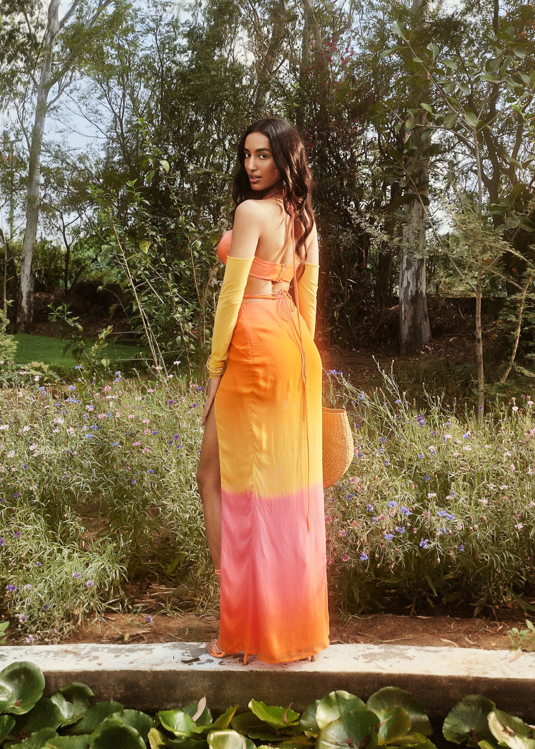 Calista Sunset Ombre Resort Coord Set with a vibrant sunset ombre pattern, including a coordinated top and bottoms