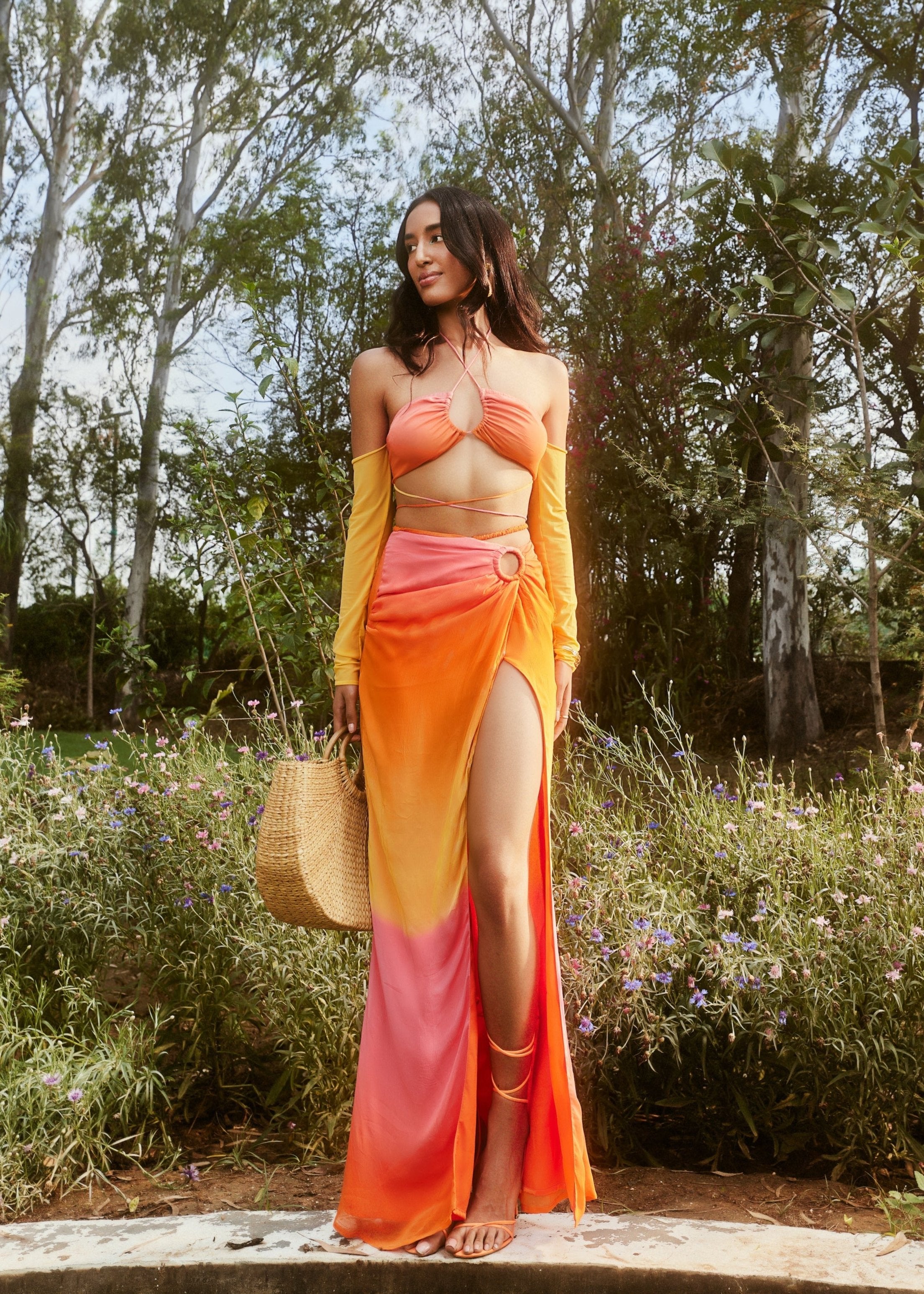 Calista Sunset Ombre Resort Coord Set with a vibrant sunset ombre pattern, including a coordinated top and bottoms