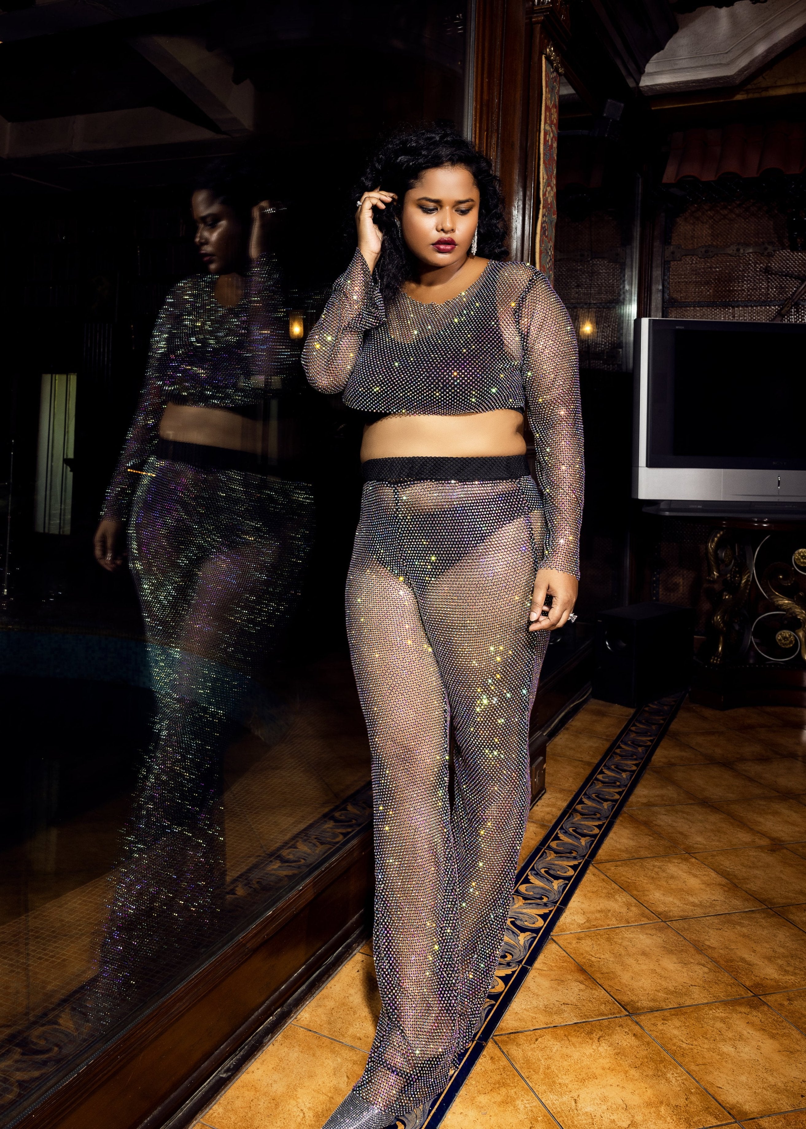 Carmen Black Crystal Mesh Crop Top