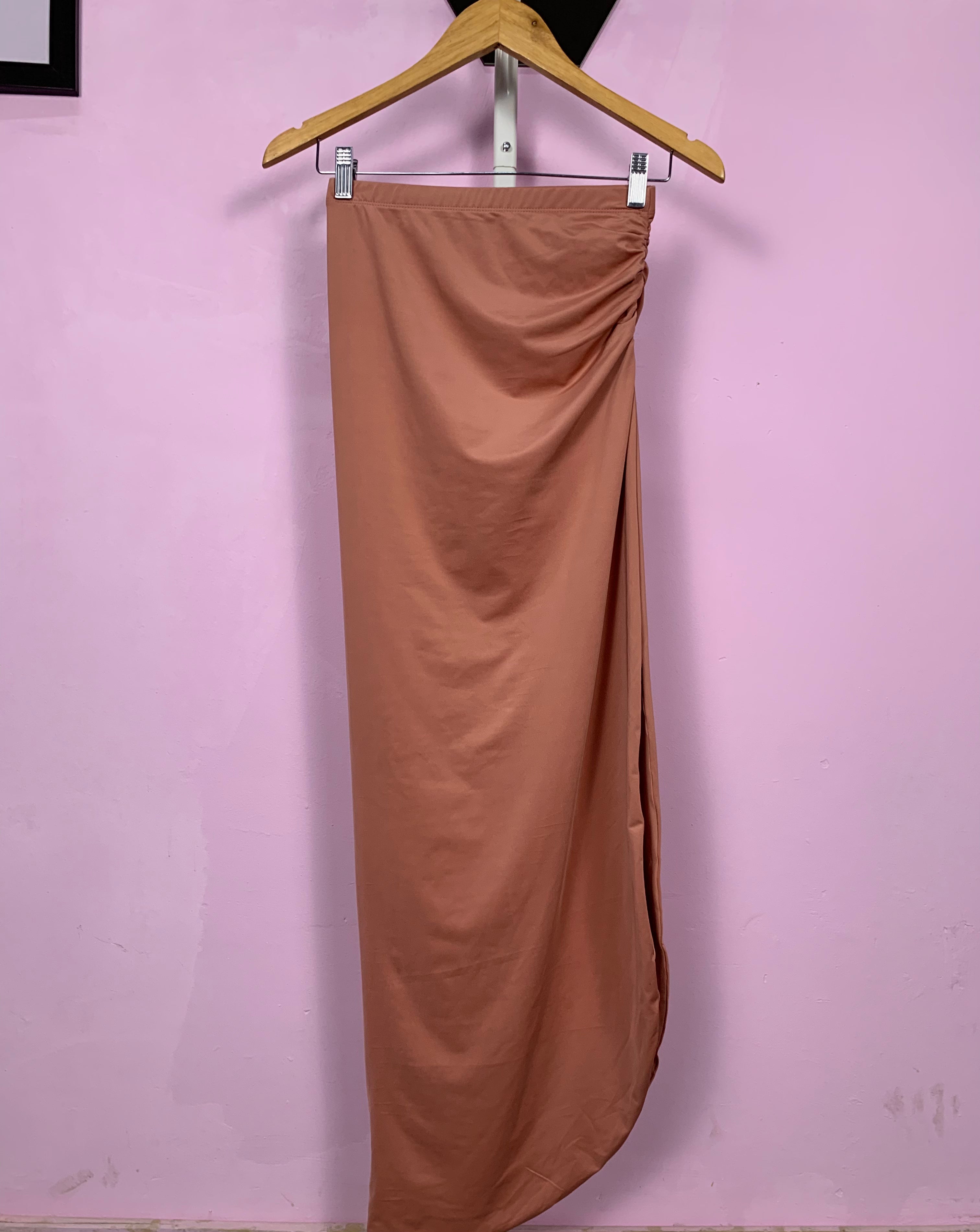 Charlene Blush Ruched Slit Maxi Skirt Fit Sample with a soft blush color, ruched detailing, and a stylish slit