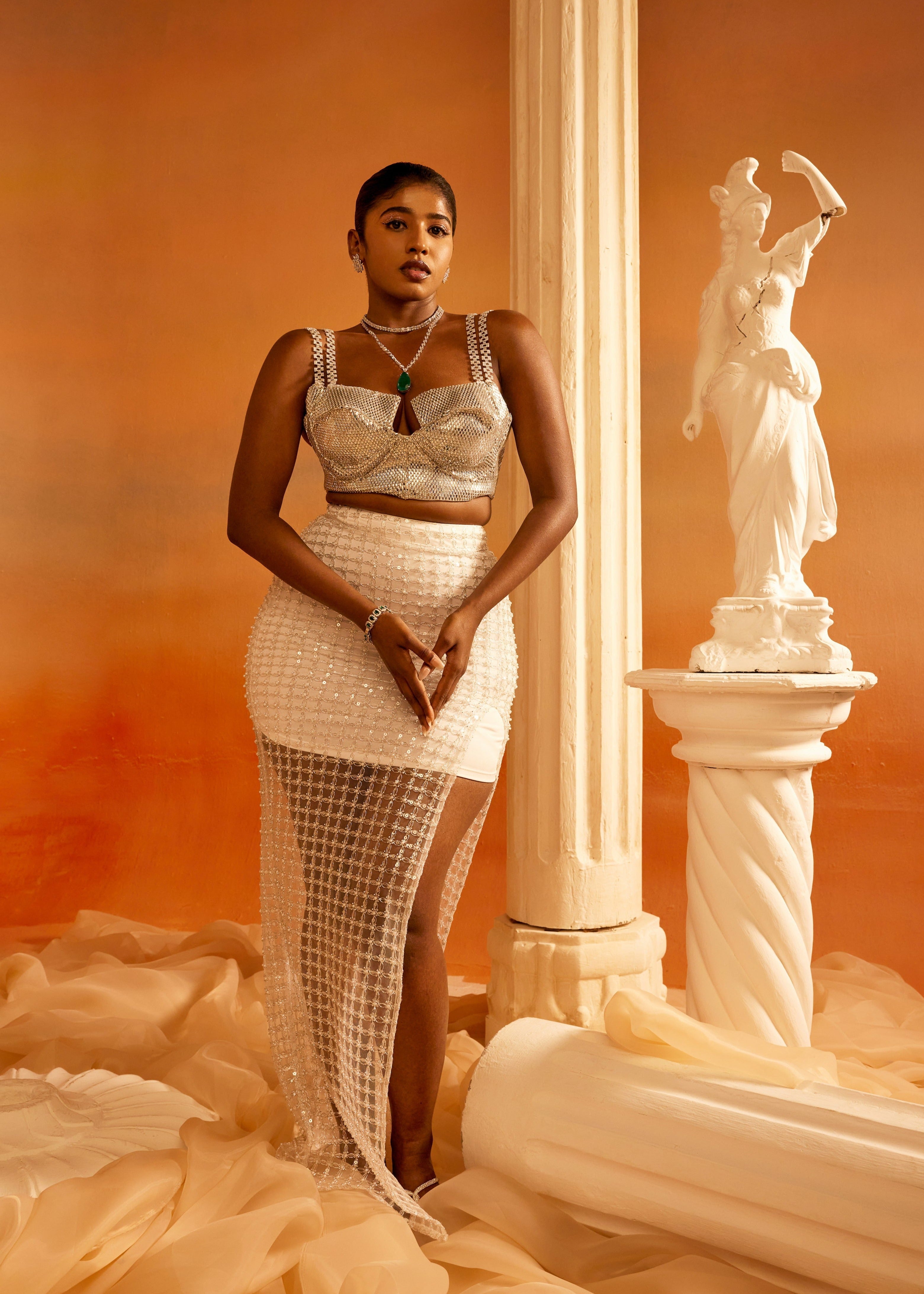 Buy Silver Metallic Crop Top + White Net Skirt