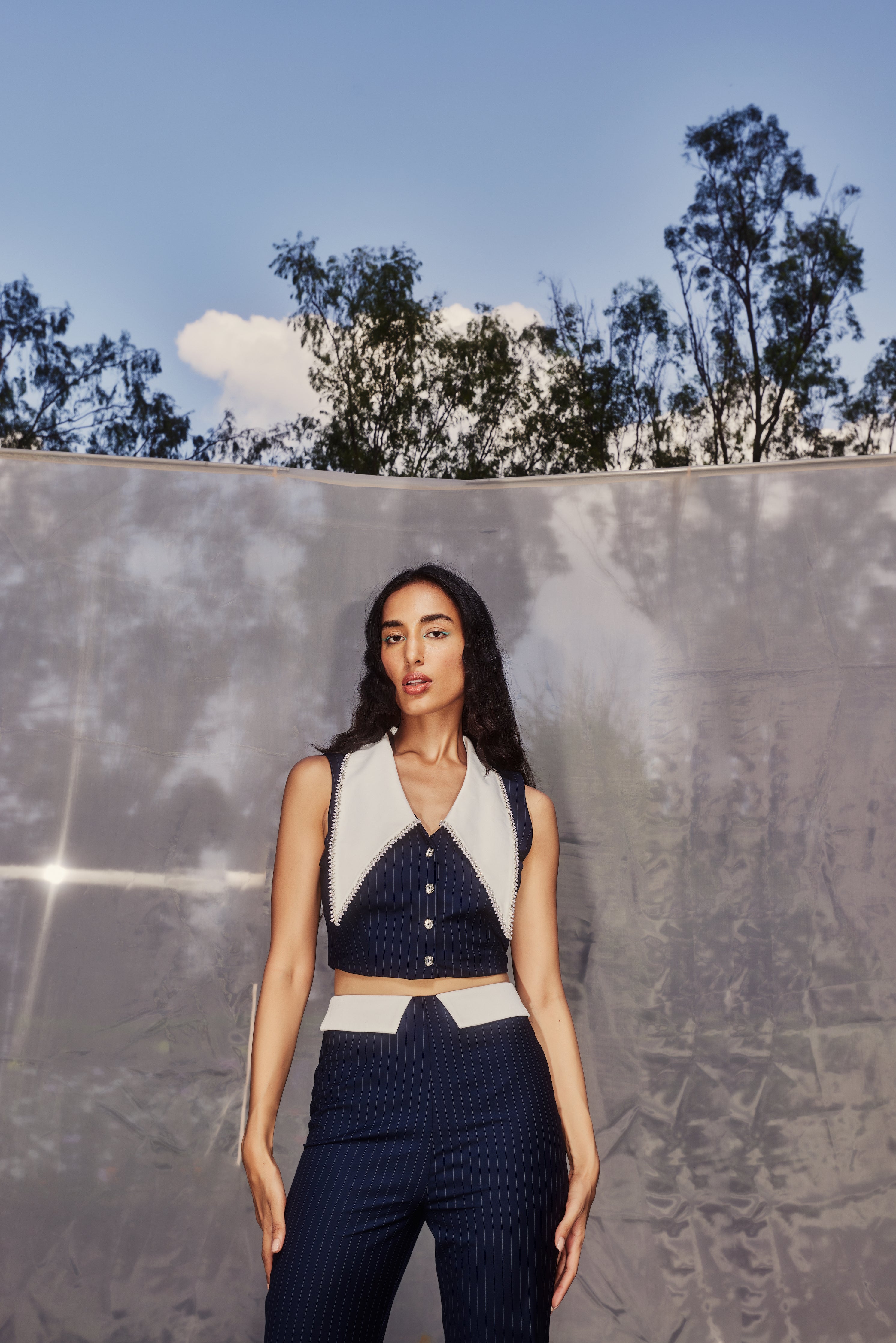 Navy Pinstripe Embellished Coord Set