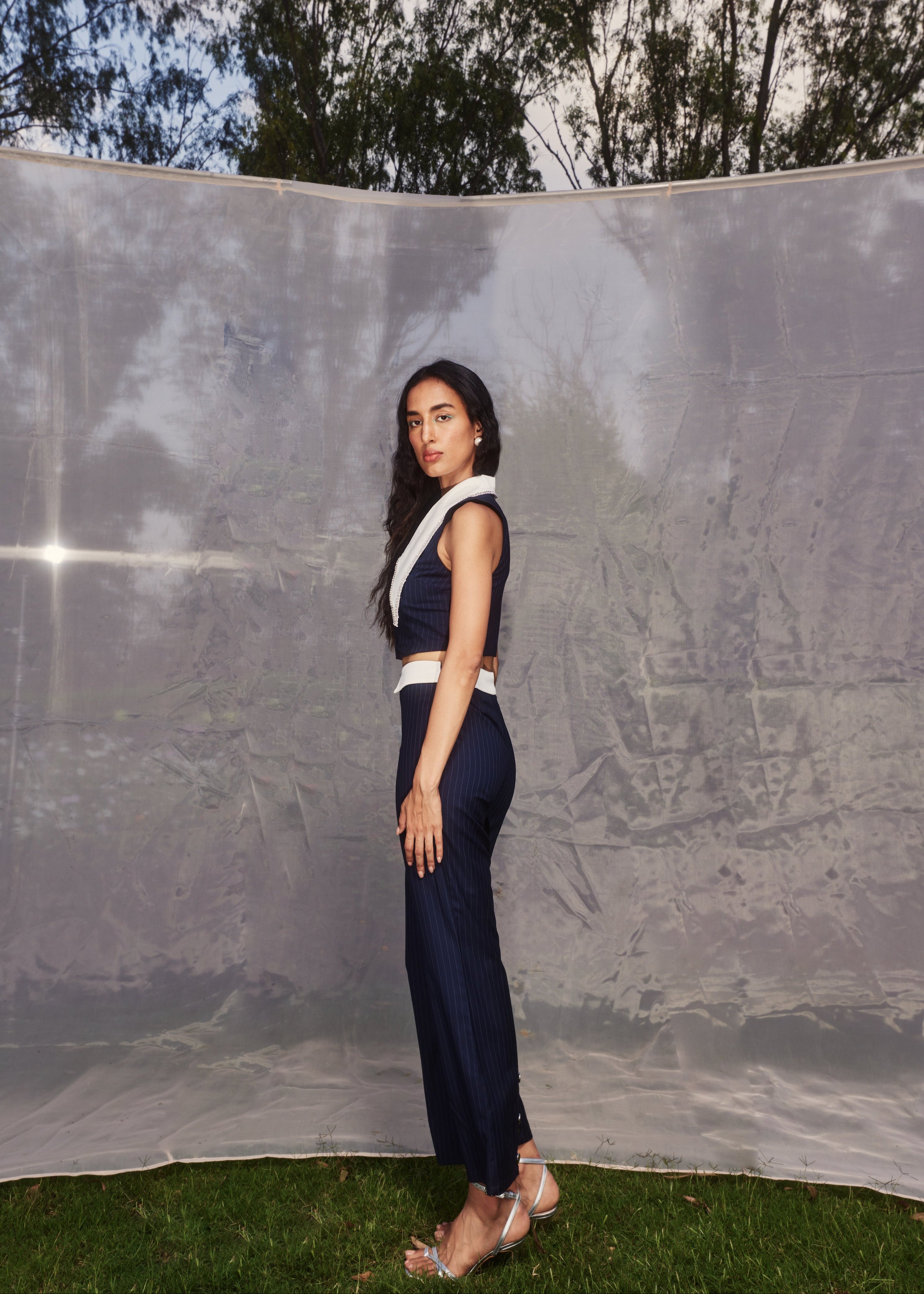 Navy Pinstripe Embellished Coord Set