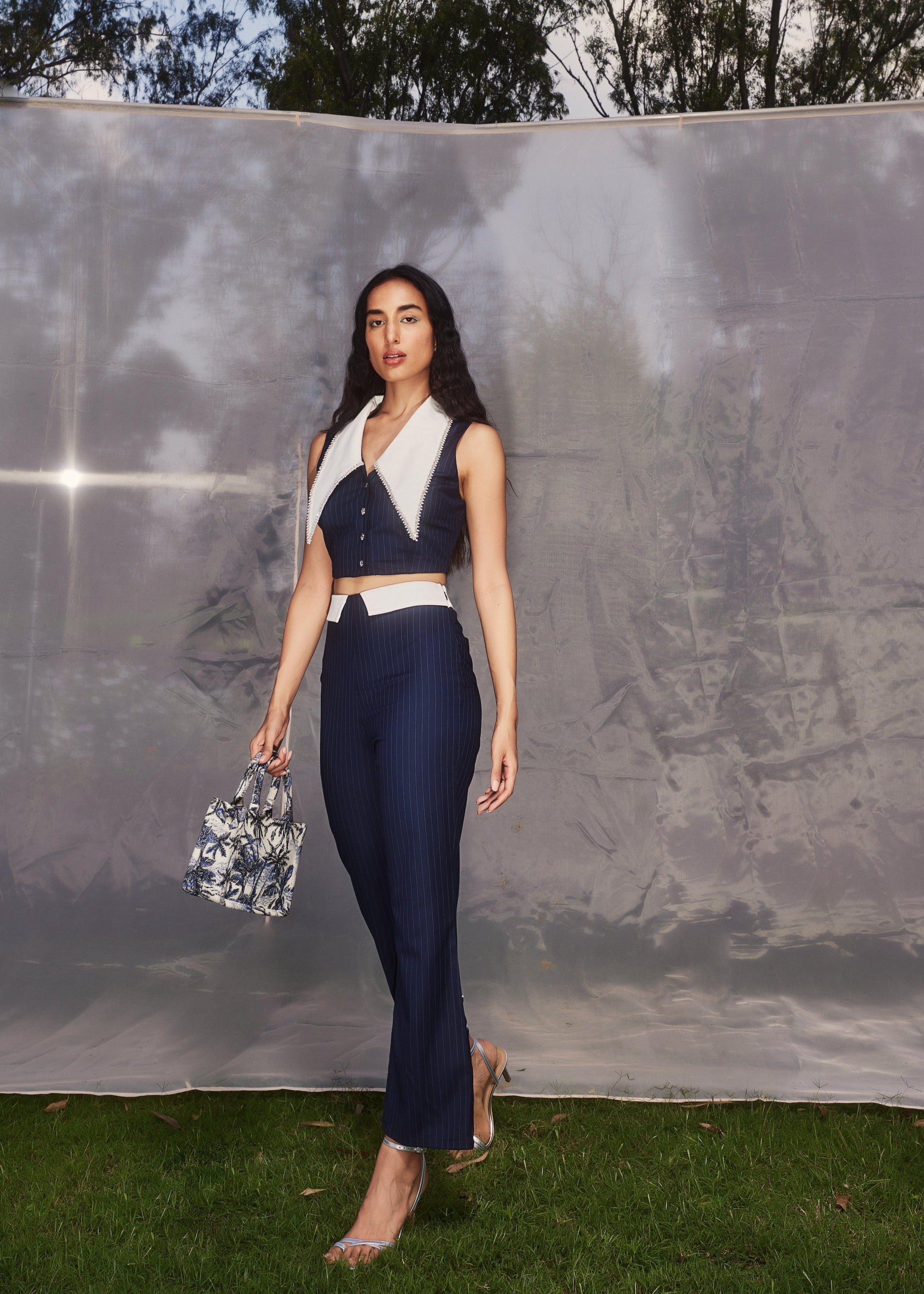 Navy Pinstripe Embellished Coord Set