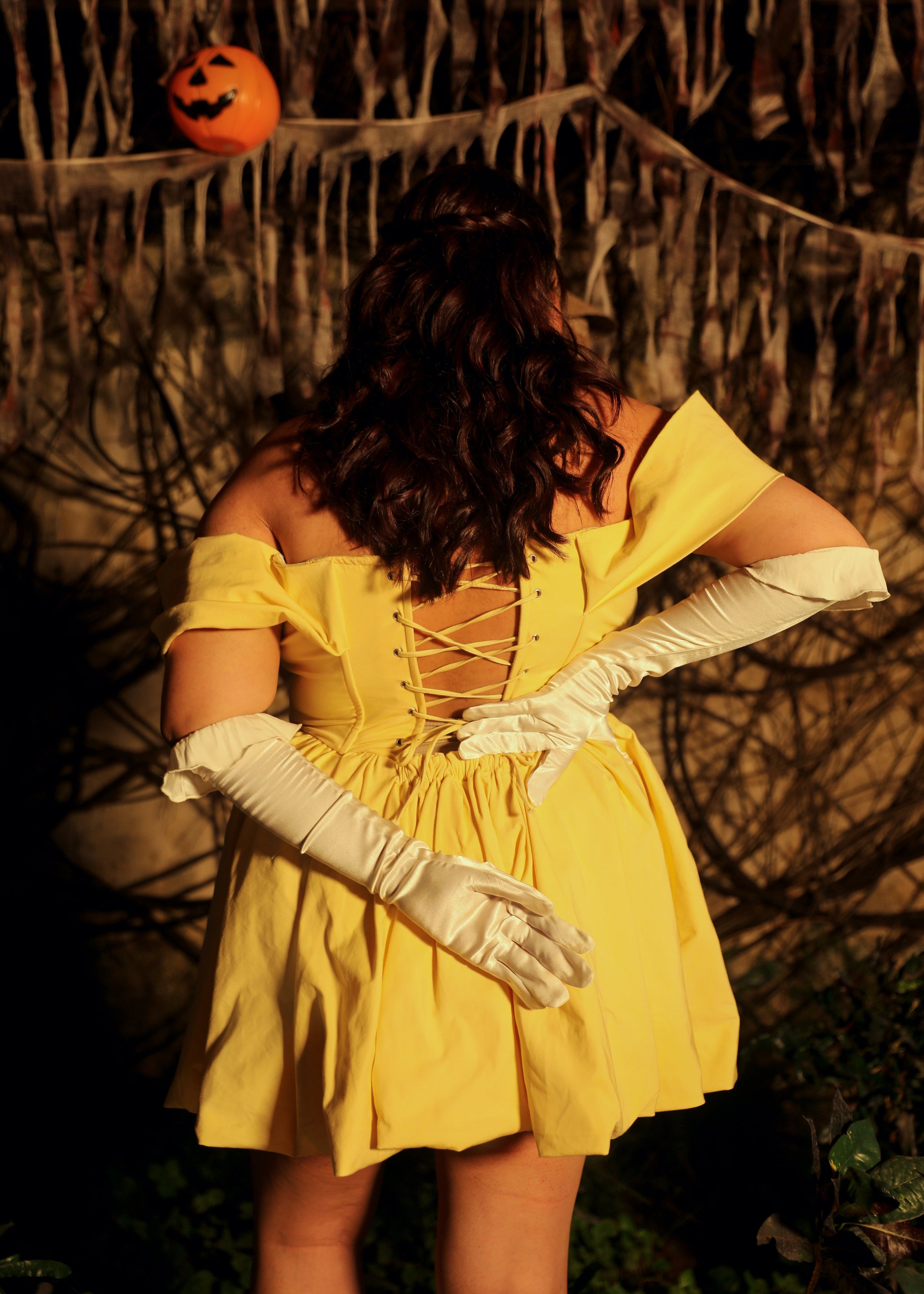 Yellow corset dress bow sleeves