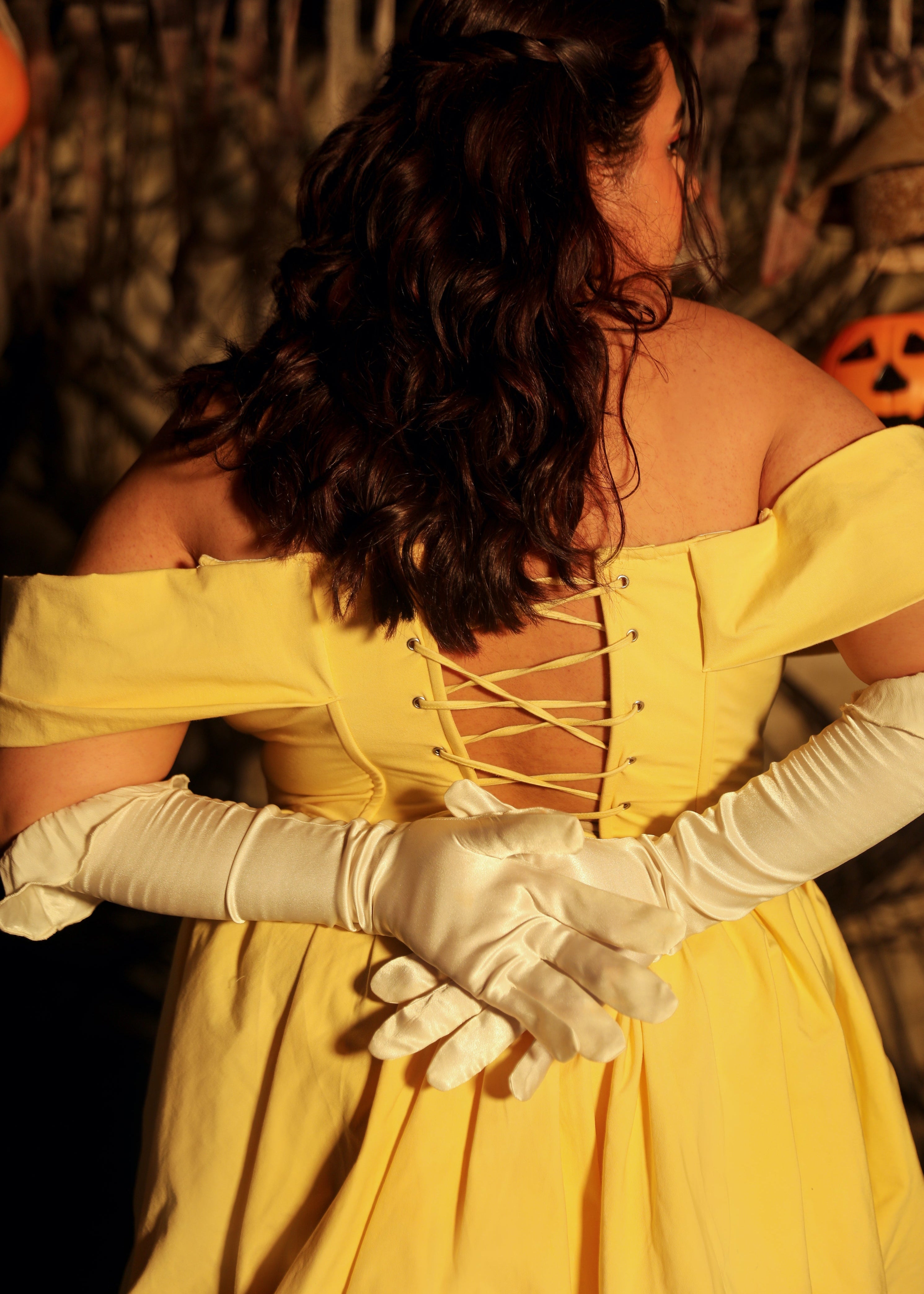 Yellow corset dress bow sleeves