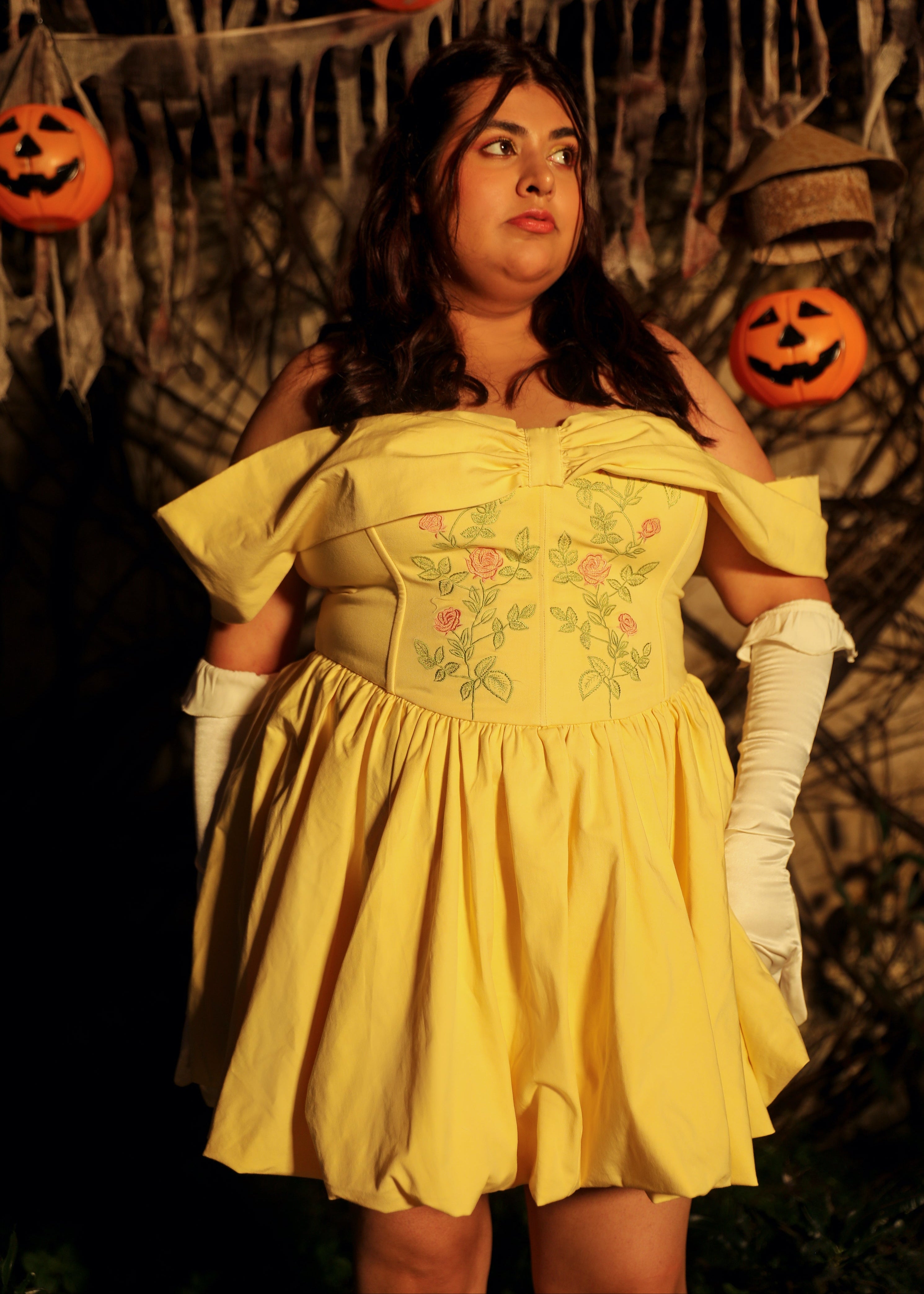 Yellow corset dress bow sleeves