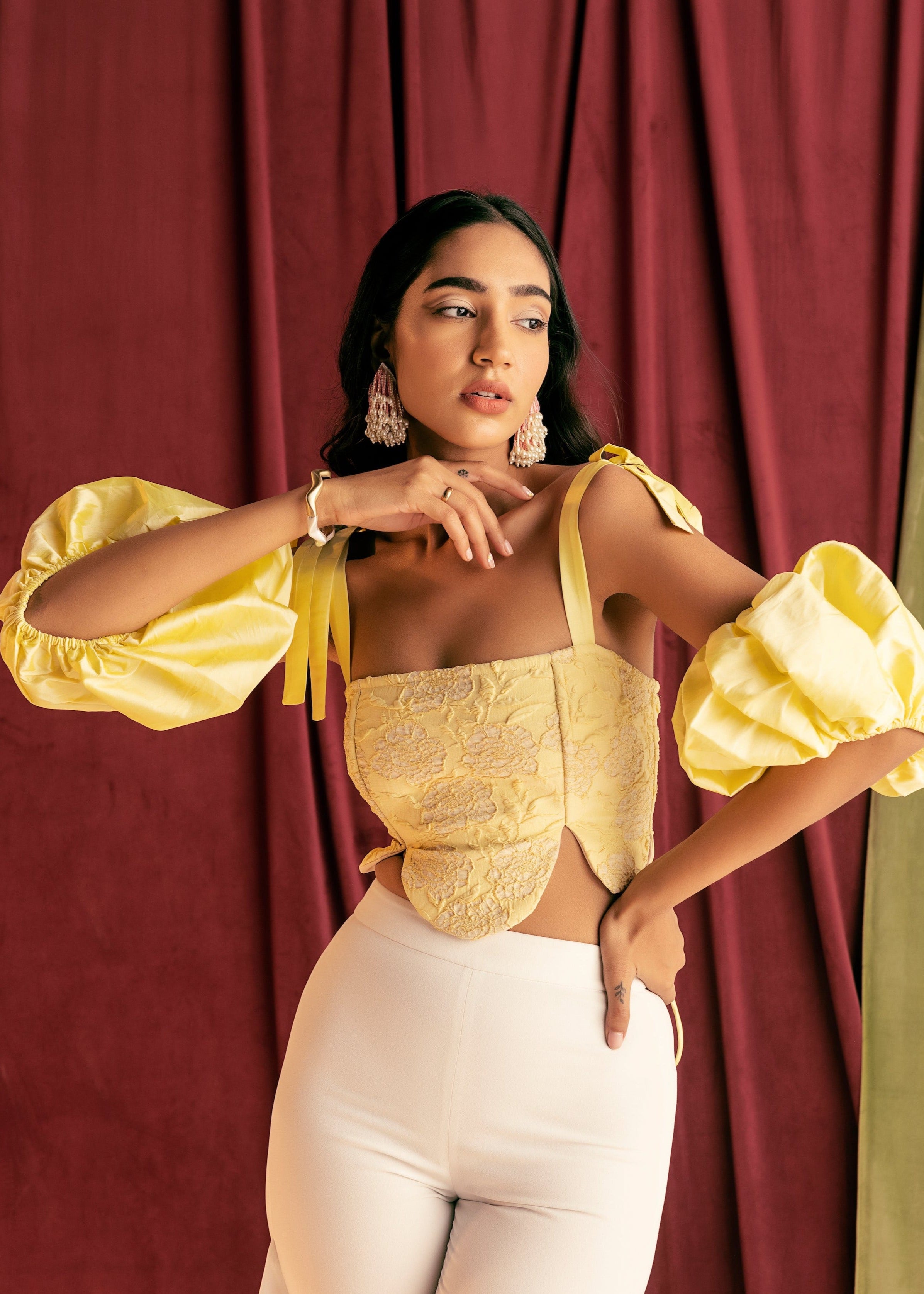 Esther Yellow Embroidered Tie Sleeve Corset Top