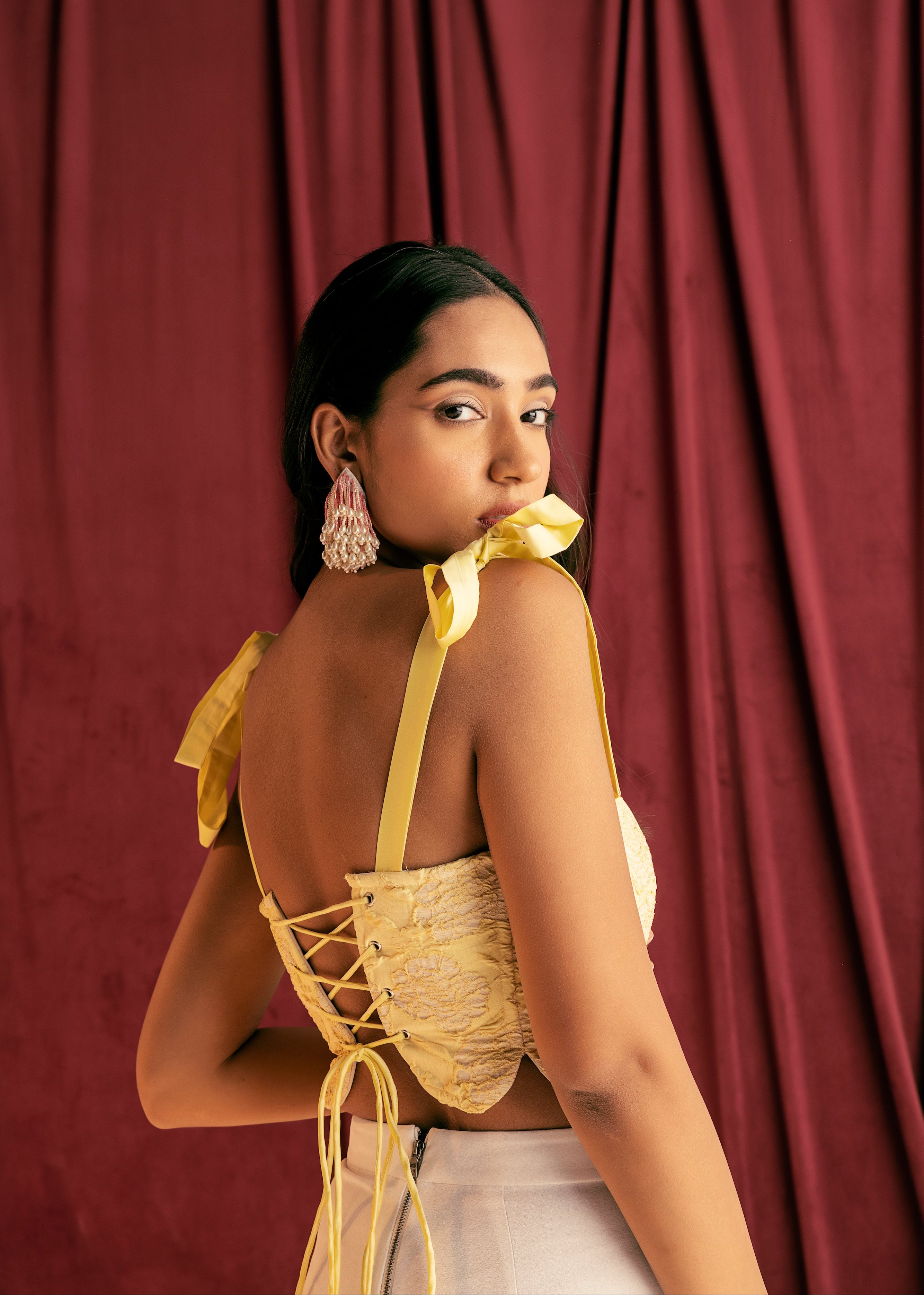 Esther Yellow Embroidered Tie Sleeve Corset Top