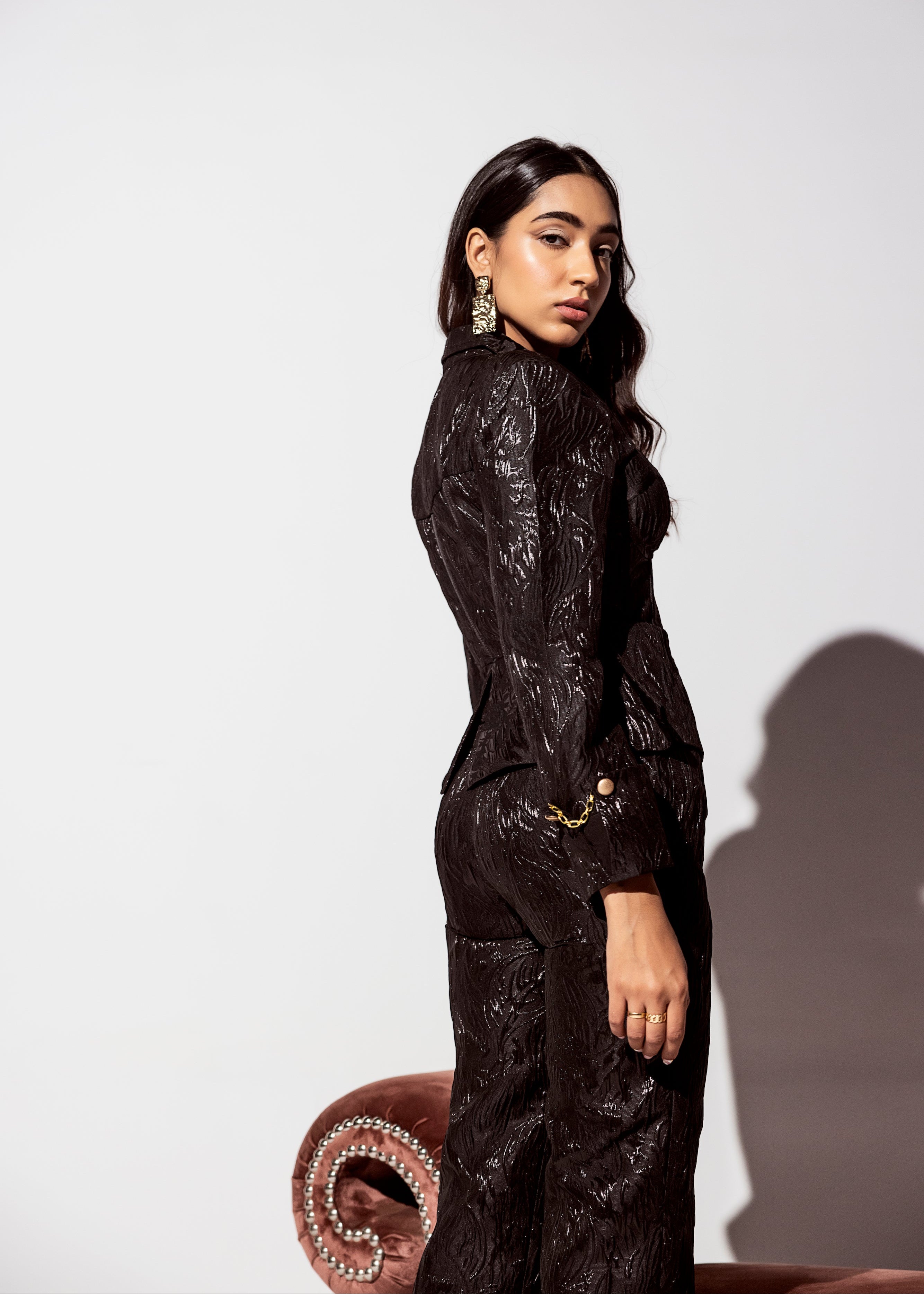 Jessica Black Embroidered Jacquard Pants