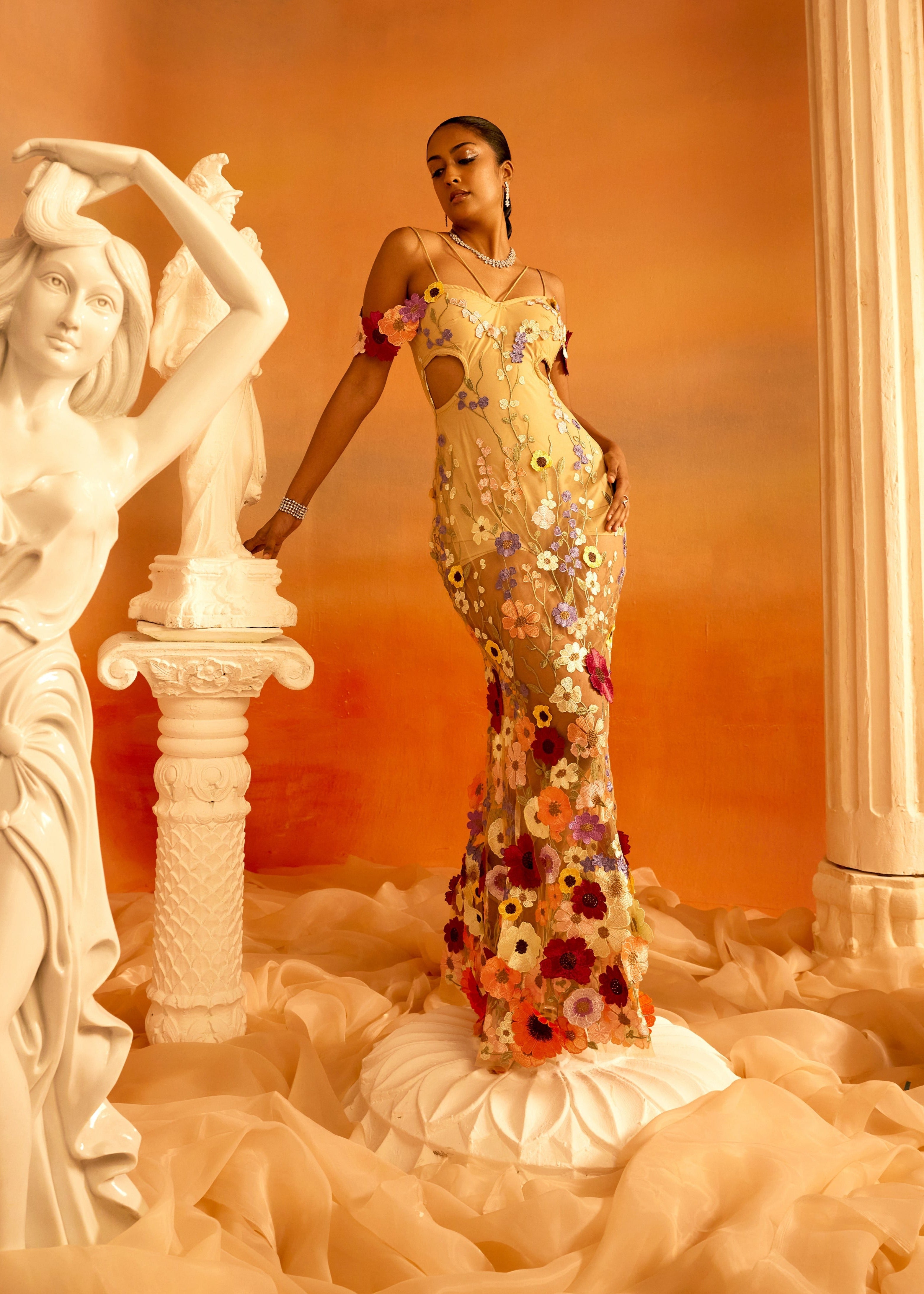 Katrina Nude 3-D Flower Embroidered Gown featuring intricate 3-D floral embroidery on a nude-toned gown