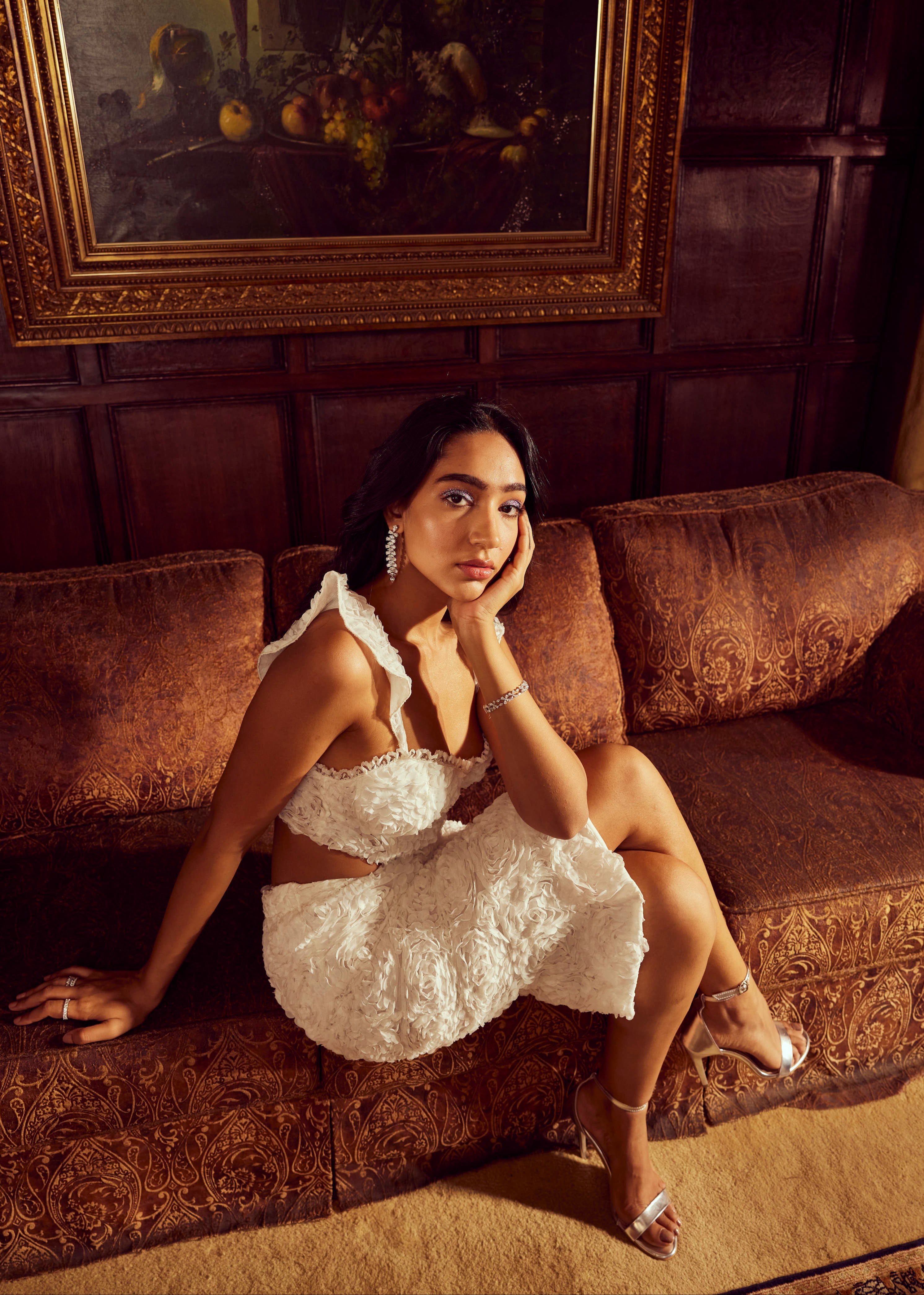 Kayla White 3-D Floral Embroidered Midi Skirt