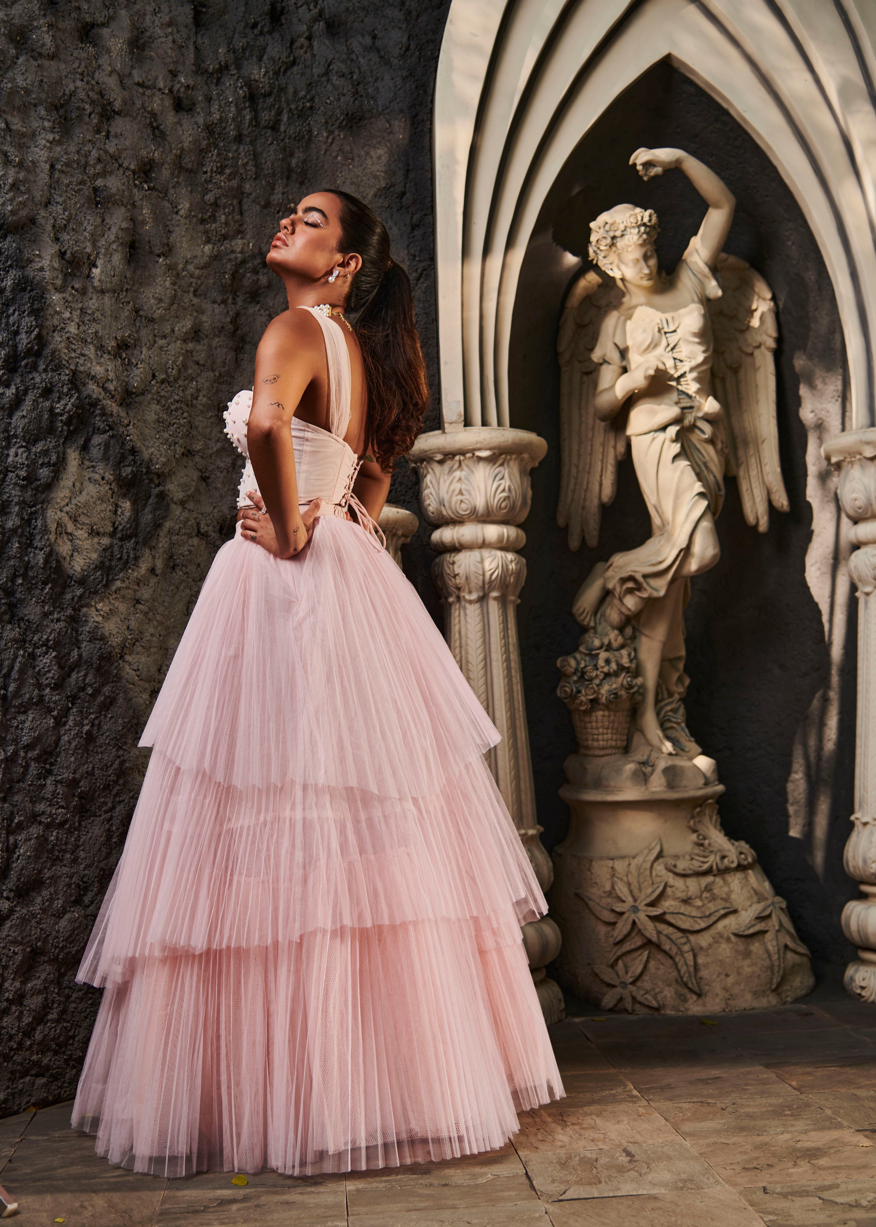 Buy Baby Pink Pearl Tulle Lehenga Set