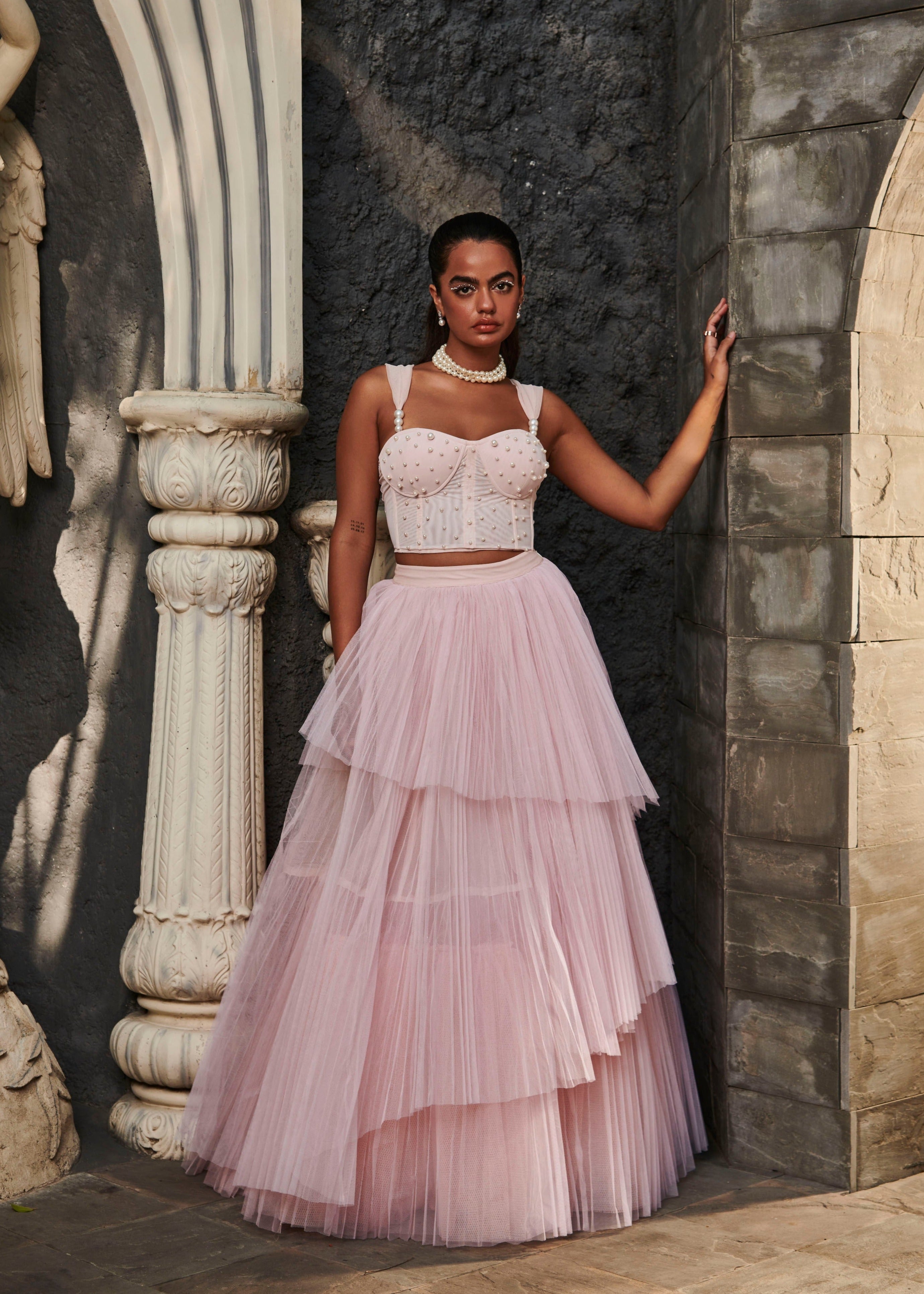 Buy Baby Pink Pearl Tulle Lehenga Set