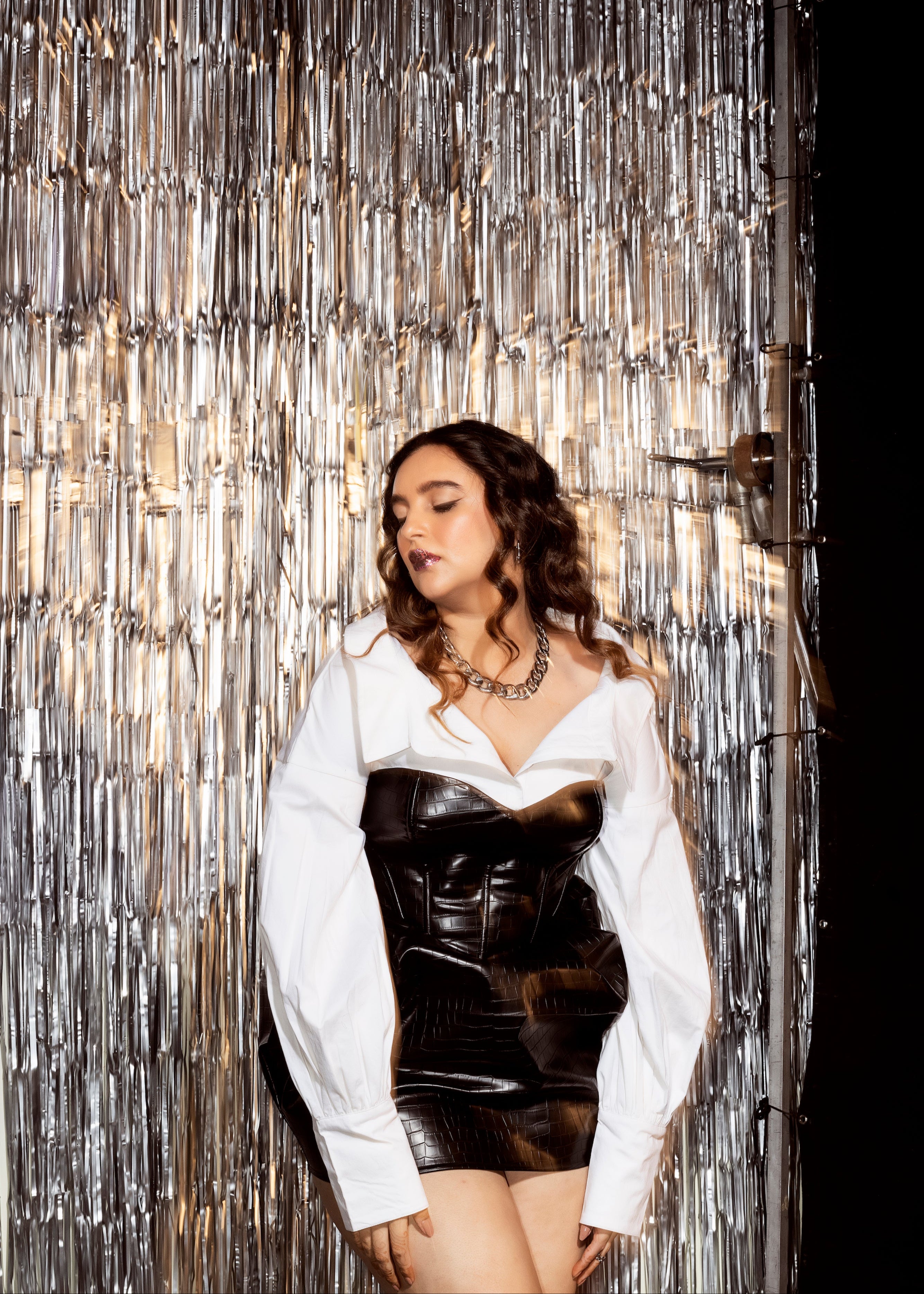 Kourtney Black Textured Faux Leather Corset Dress CL