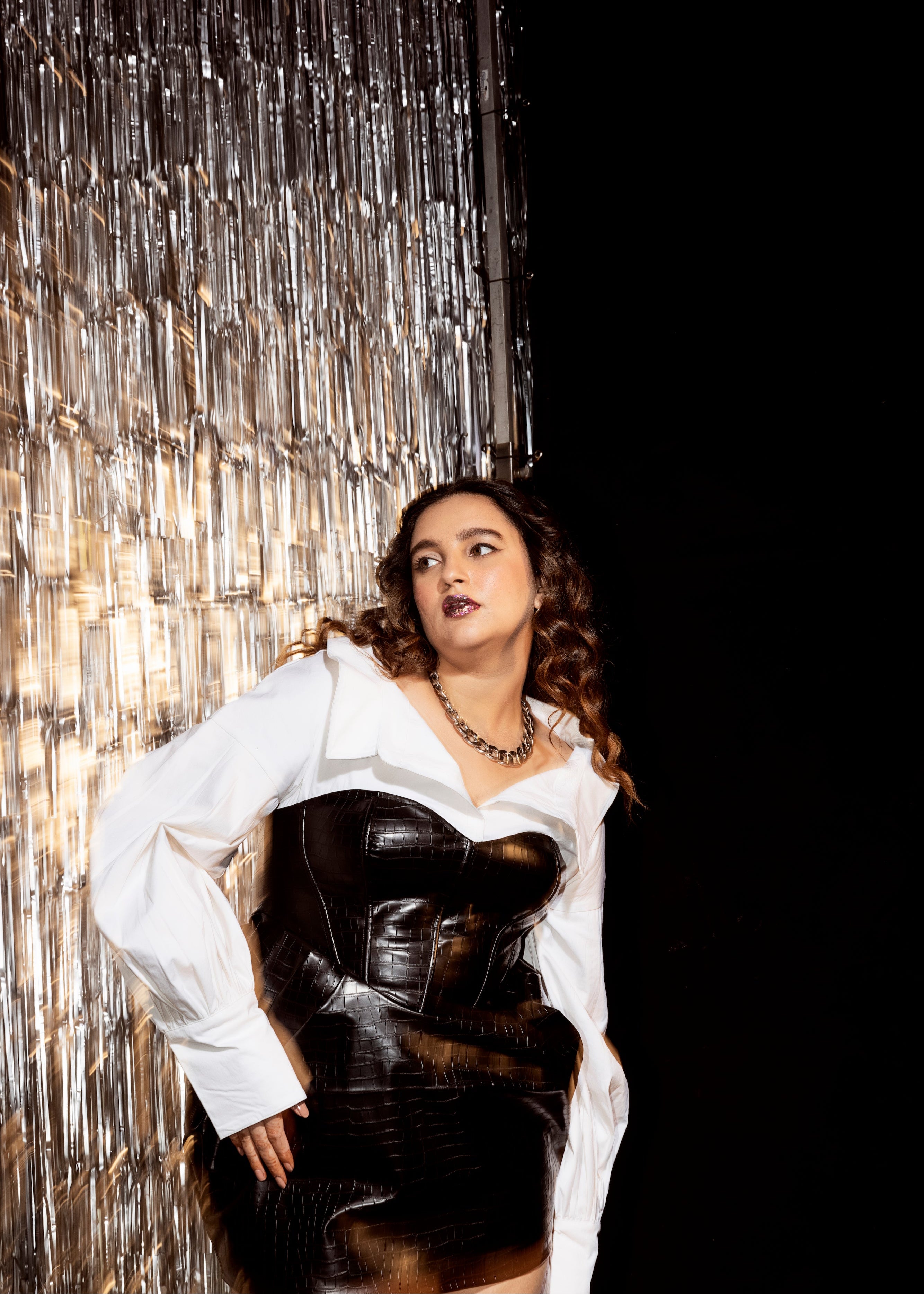 Kourtney Black Textured Faux Leather Corset Dress